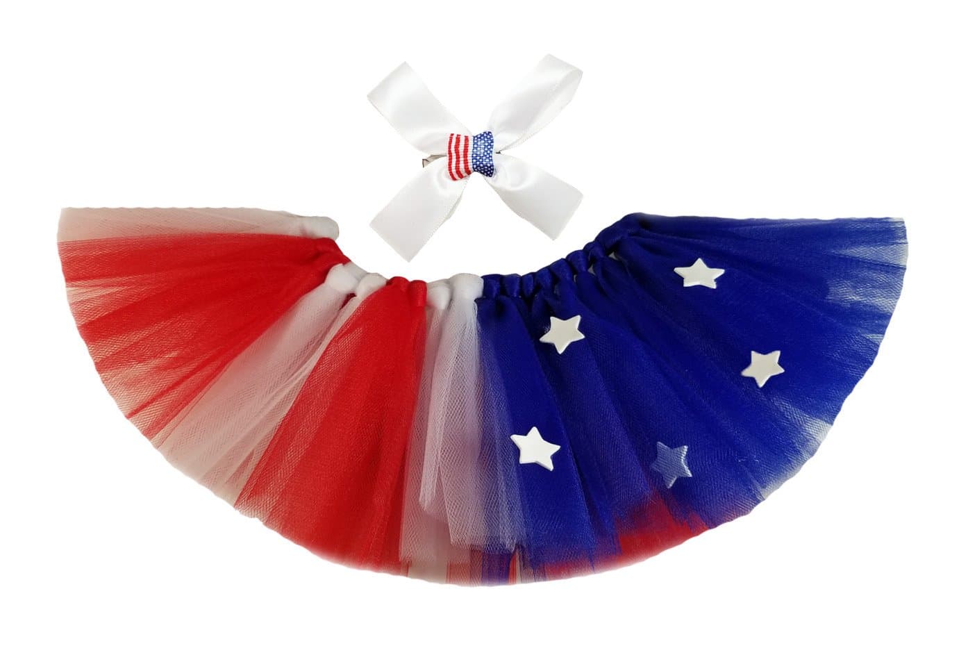 Merak Infant & Toddler Baby Girl Patriotic Tutu with Matching Hair Clip Bow- 4 Layers Tulle - USA - Tutu 4th of July Dress up Skirt to Celebrate Independence Day 2018- American Flag Colors.