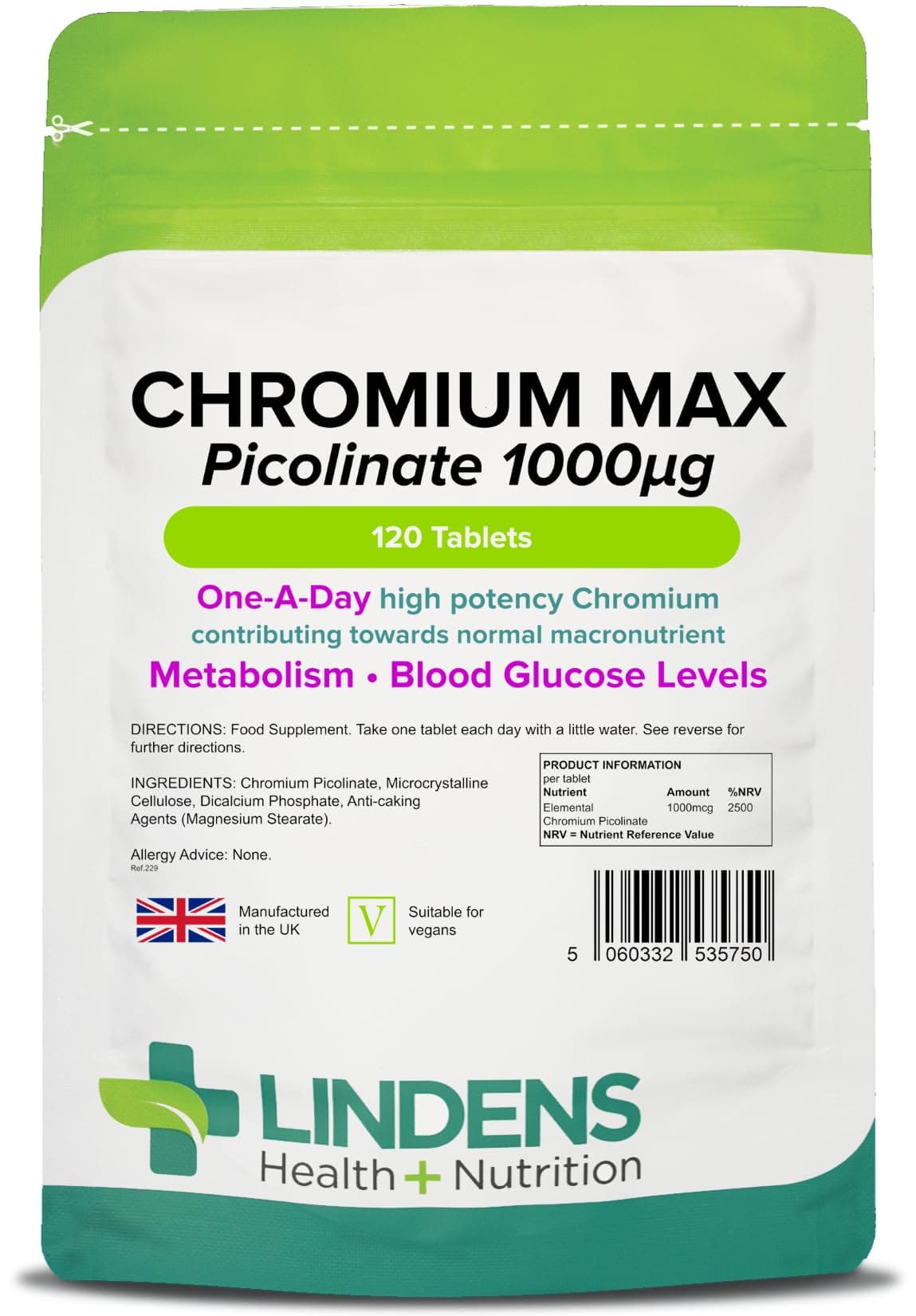 Chromium Max 1000mcg Picolinate - 120 Tablets | Detox, Metabolism, Blood Glucose, | Mega Potency (2500% NRV) | 4 Months Supply, UK Manufacturer, Letterbox Friendly, Vegan