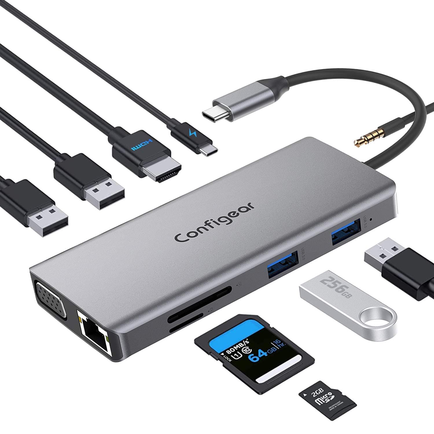 USB C Hub, Configear 11 in 1 Aluminum Dongle Docking Station with 4K HDMI,VGA,2 USB3.0,2 USB2.0 Ports,87W PD 3.0,Ethernet,SD/TF Card Reader, Audio/Mic,Compatible for MacBook Pro and Type C Devices