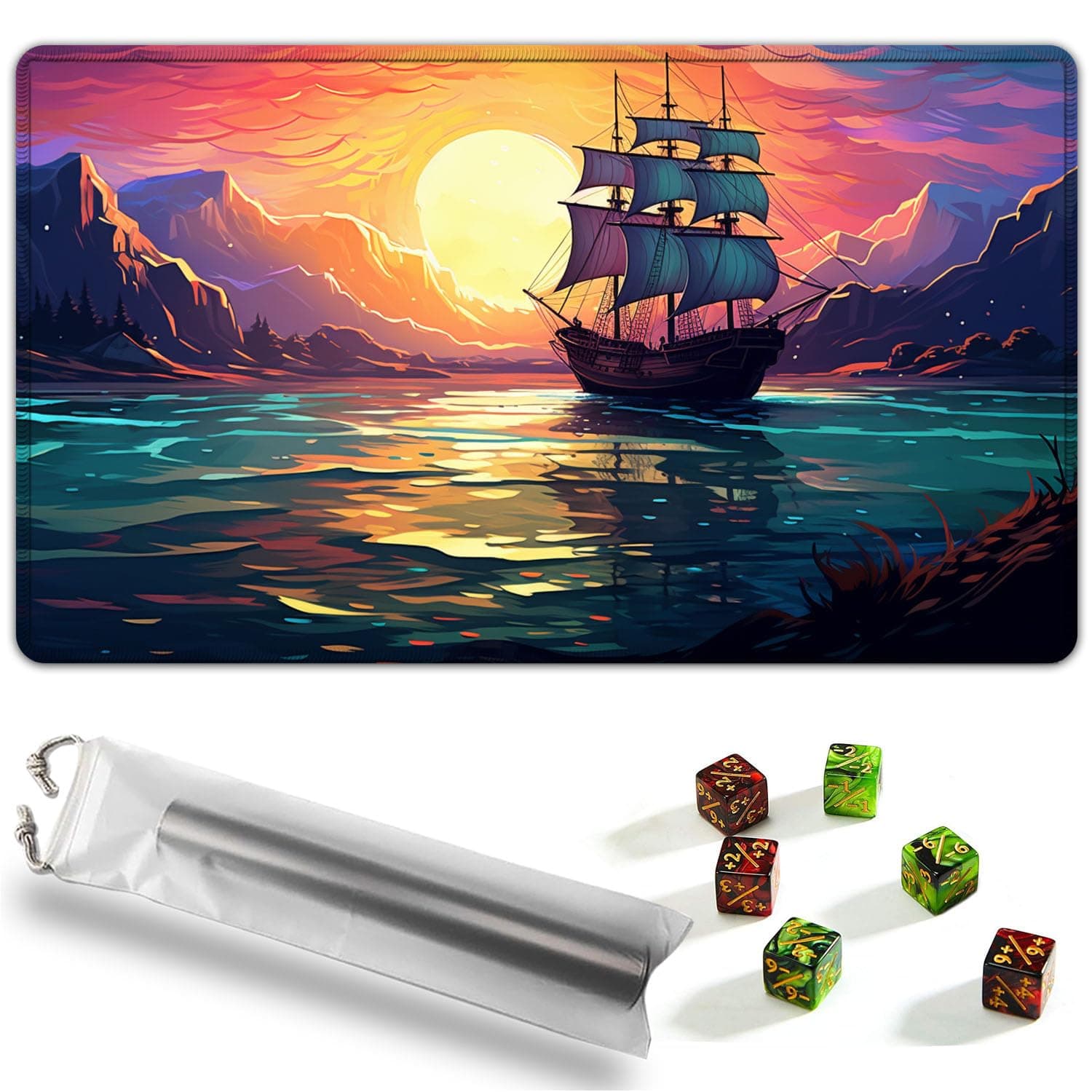 YVBHCGGGF for MTG Playmat, Game Mat 24 x 14 inches for MTG DTCG CCG RPG Trading Card Inked Game Playmats Mousepad Desk Mats Smooth Rubber Surface Battle with 6 Dice - Pirate Ship 2