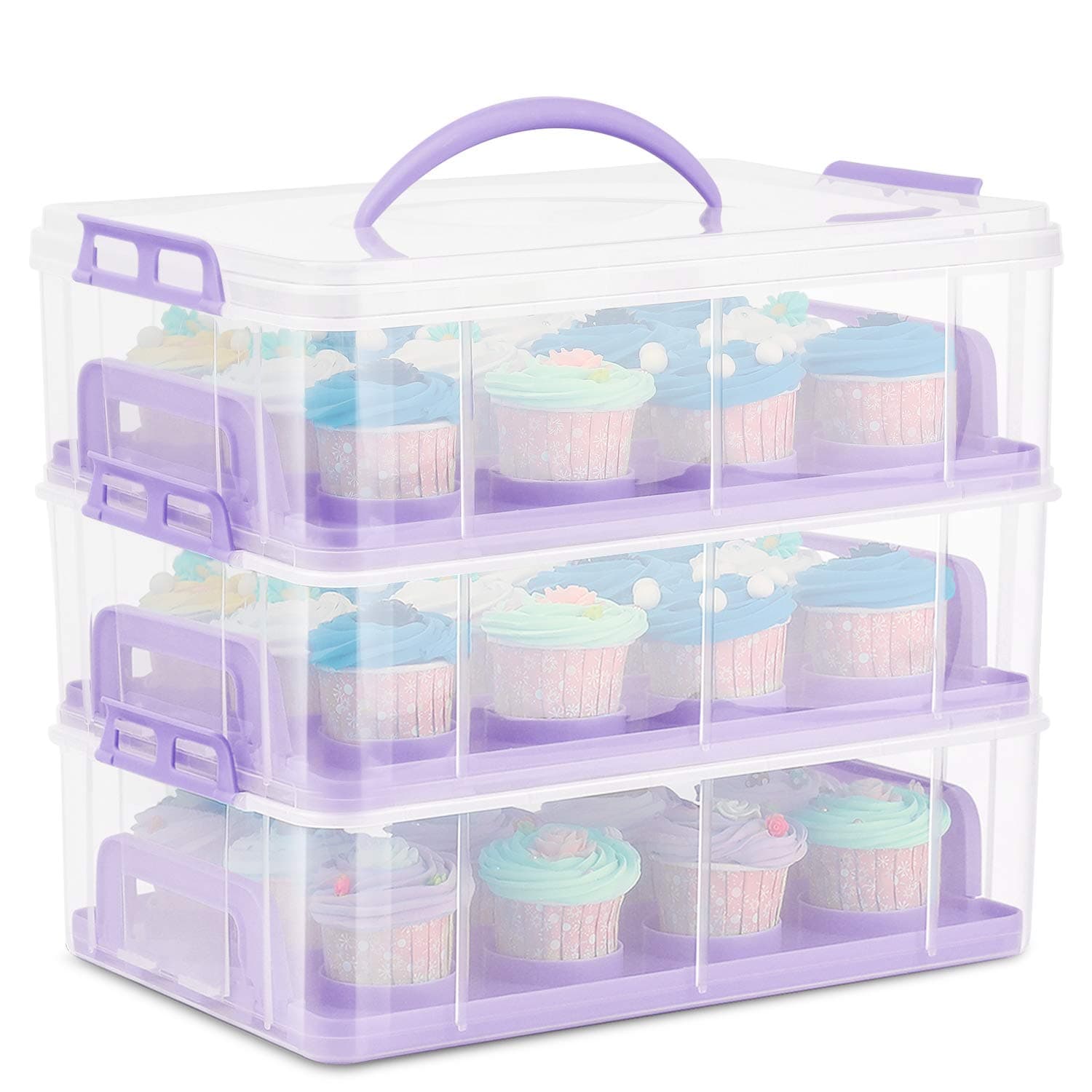 Flexzion 36 Cupcake Carrier 3 Tier Stackable Storage Container Collapsible Cake Carrier with Lid and Handle, Reusable Rectangular Plastic Dessert Travel Container, Display Holder Transport Box