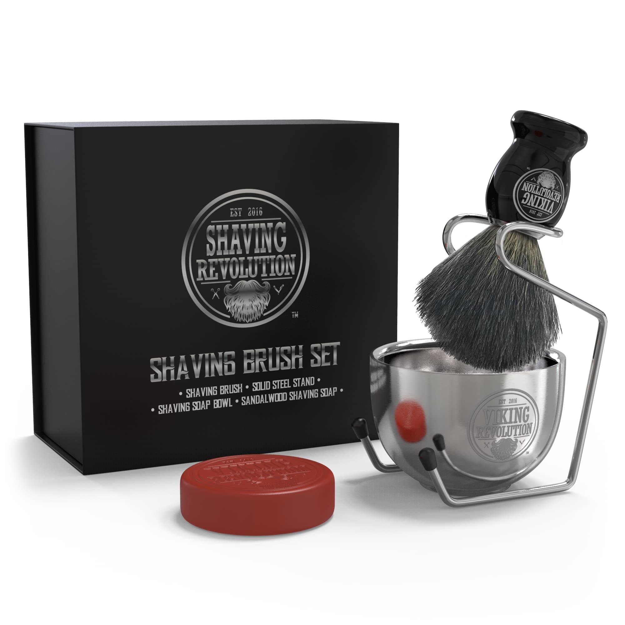 Viking Revolution Luxury Shaving Brush Set - Shaving Kit for Men Includes Badger Hair Shaving Brush, Shaving Soap, Stainless Steel Shaving Bowl, Safety Stand