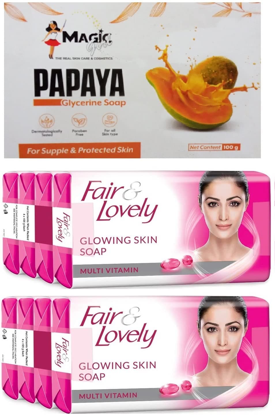 FAIR AND LOVELY SOAP 45GRM 8PC AND MAGIC GIRL PAPAYA SOAP 100GRM