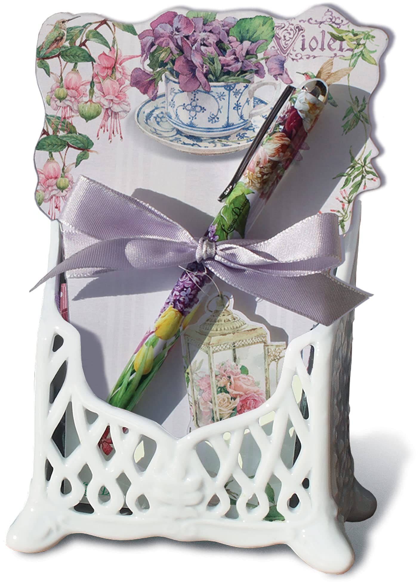 Lissom Design Stationary Set - Designer Notepad and Pen with Beautiful White Lattice Ceramic Desk Organizer, 3-Pieces, Sweet Violets