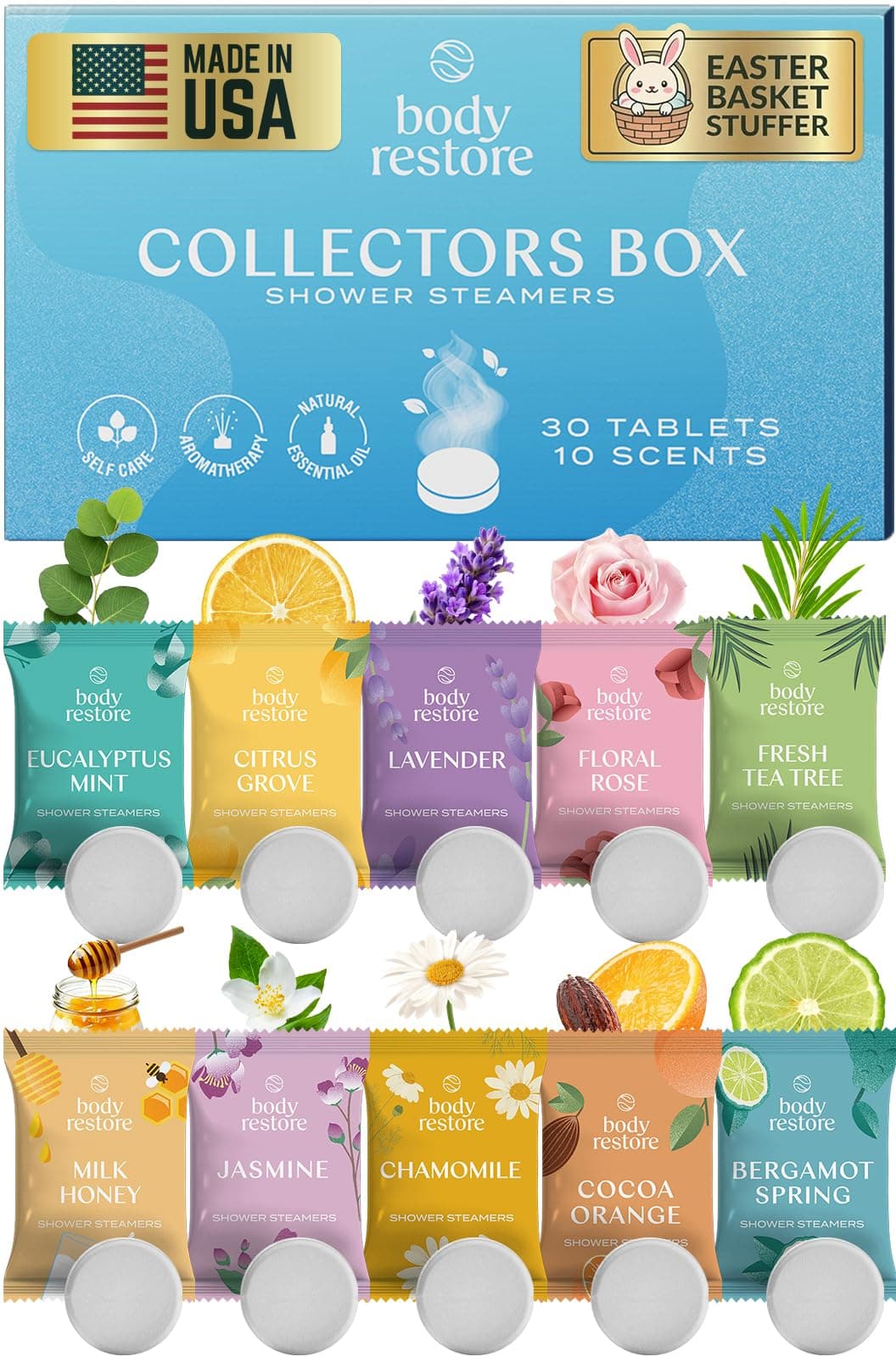 Body Restore Shower Steamers Aromatherapy 30 Pack - Birthday Gifts for Women, Men, Easter Basket Stuffers, Stress Relief, Relaxation, Self Care - Collector’s Box