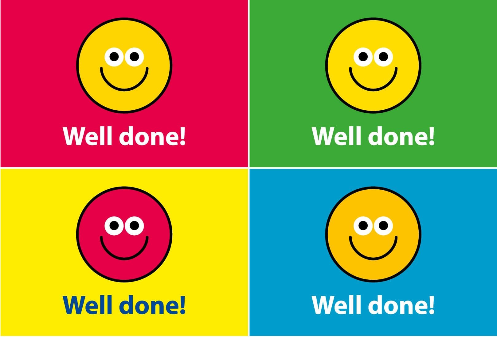 32 A6 Smiley reward postcards: 'Well done!': 8 each of 4 designs