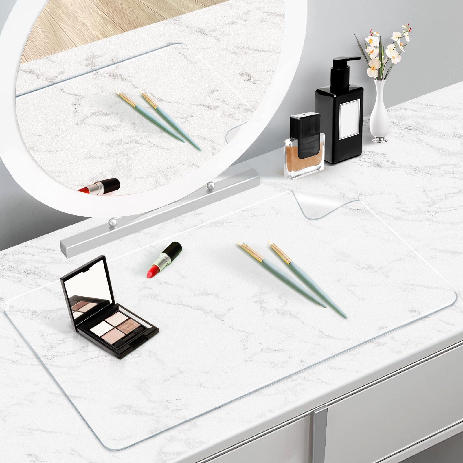Makeup Mat for Vanity Top 23.6 x 11.8 in, PVC Desk Mat - Easy to Clean, Waterproof & Oilproof Vanity Accessories - Clear