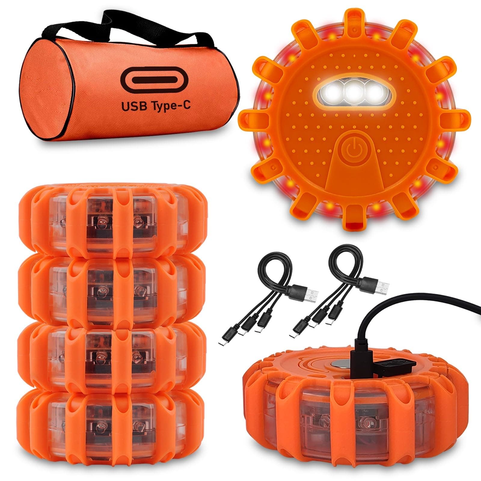 USB-C Rechargeable LED Road Flares Emergency Lights-Large Capacity (Lithium Battery) 3 in 1 Cable Roadside Warning Car Safety Beacon Flashing Disc Flare Kit with Magnetic Base for Vehicles