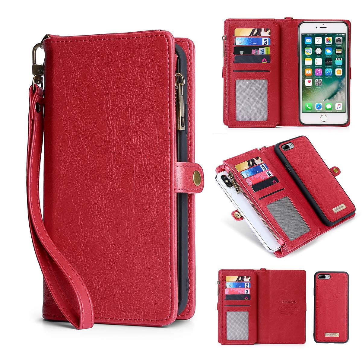 KelaSip iPhone SE 2020 Case,iPhone 8 Wallet Case,iPhone 7 Case, Leather Wallet Phone Case & Card Holder Buckle Magnetic Detachable,Red,for iPhone SE 2020/iPhone 8/iPhone 7