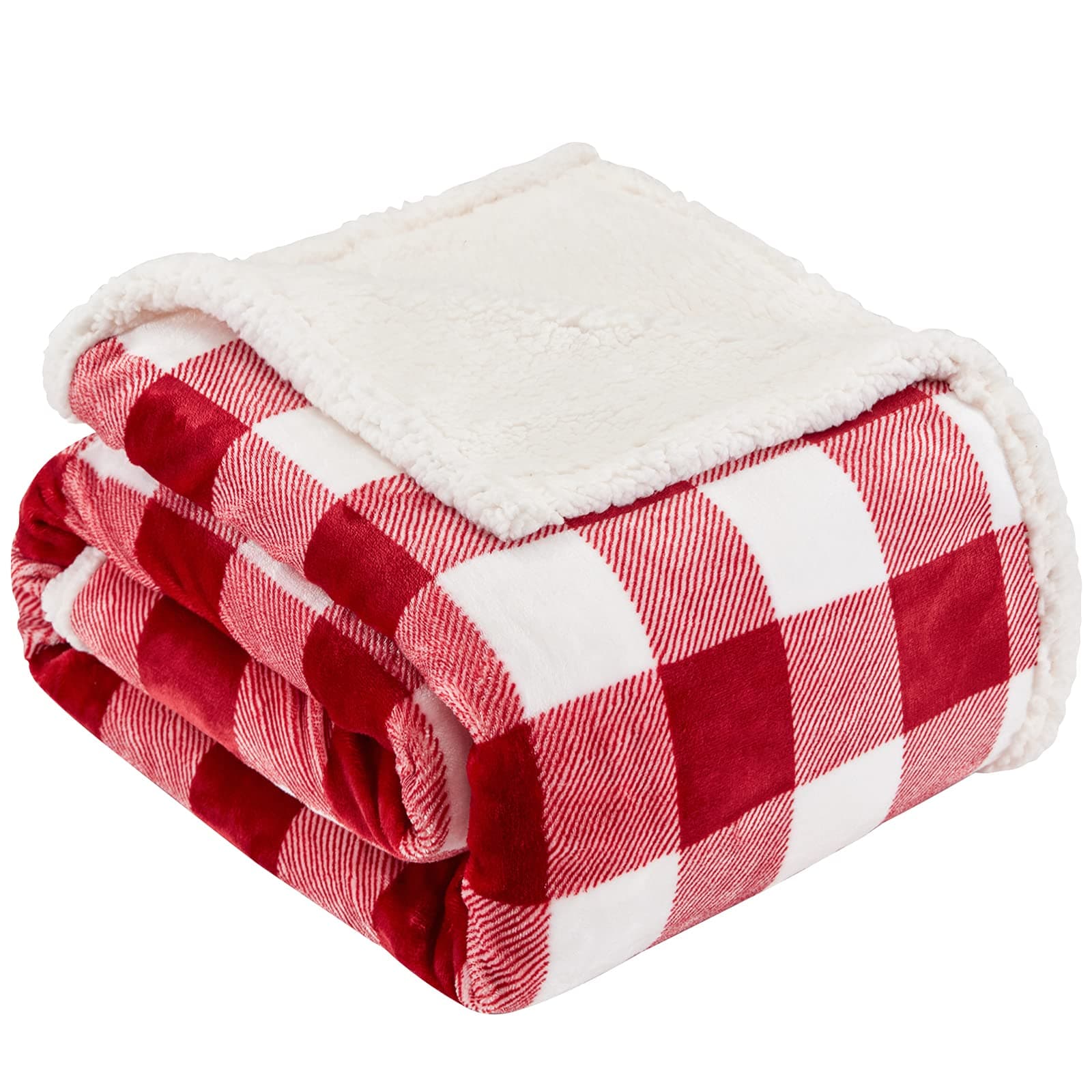 Touchat Sherpa Red and White Buffalo Plaid Christmas Twin Blanket 60" X 70", Fuzzy Fluffy Soft Cozy Blankets, Fleece Flannel Plush Microfiber Throw for Couch Bed Sofa (Red and White)