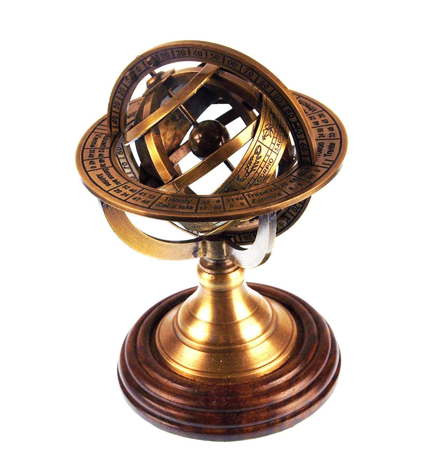 5" Nautical Brass Armillary Sphere World Globe Rosewood Base Table Decor Gift