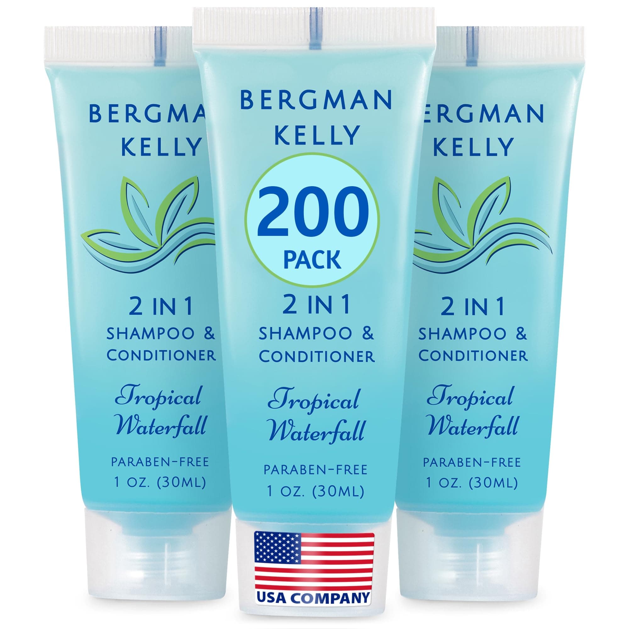 Bergman Kelly - Travel Size 2 in 1 Shampoo & Conditioner - 1 fl oz, 200 PK, Tropical Waterfall - Delight Your Guests w/Invigorating & Refreshing Shampoo Amenities - Small Hotel Toiletries in Bulk