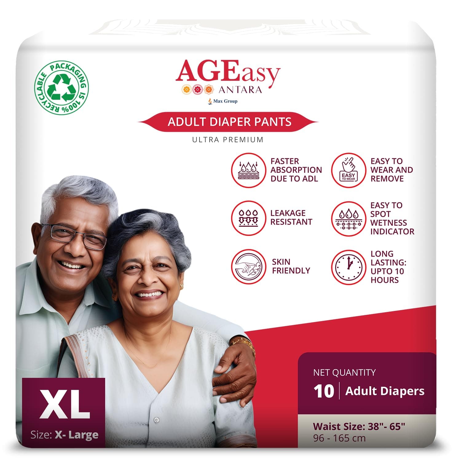 (Max Group) Unisex Adult Diaper Pants with Wetness Indicator | Odour Lock & Anti-Bacterial | Skin Friendly Pant Style Diapers for Easier Wearing & Removal | Pack of 1 (10 Count) (XL)