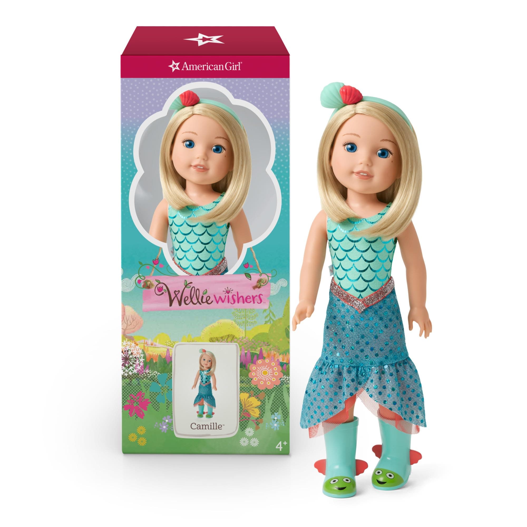 WellieWishers 14.5-inch Camille Doll with Blue Leotard, Mermaid Skirt, Headband, and Boots, For Ages 4+