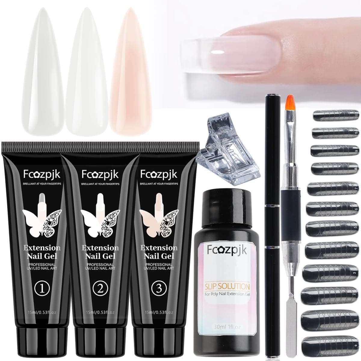 Poly Extension Gel Nail Kit, Clear White Pink With Slip Solution Dual Builder Nail Forms, Clips for Poly Gel, Starter Kit for Home Manicure Set, Nude