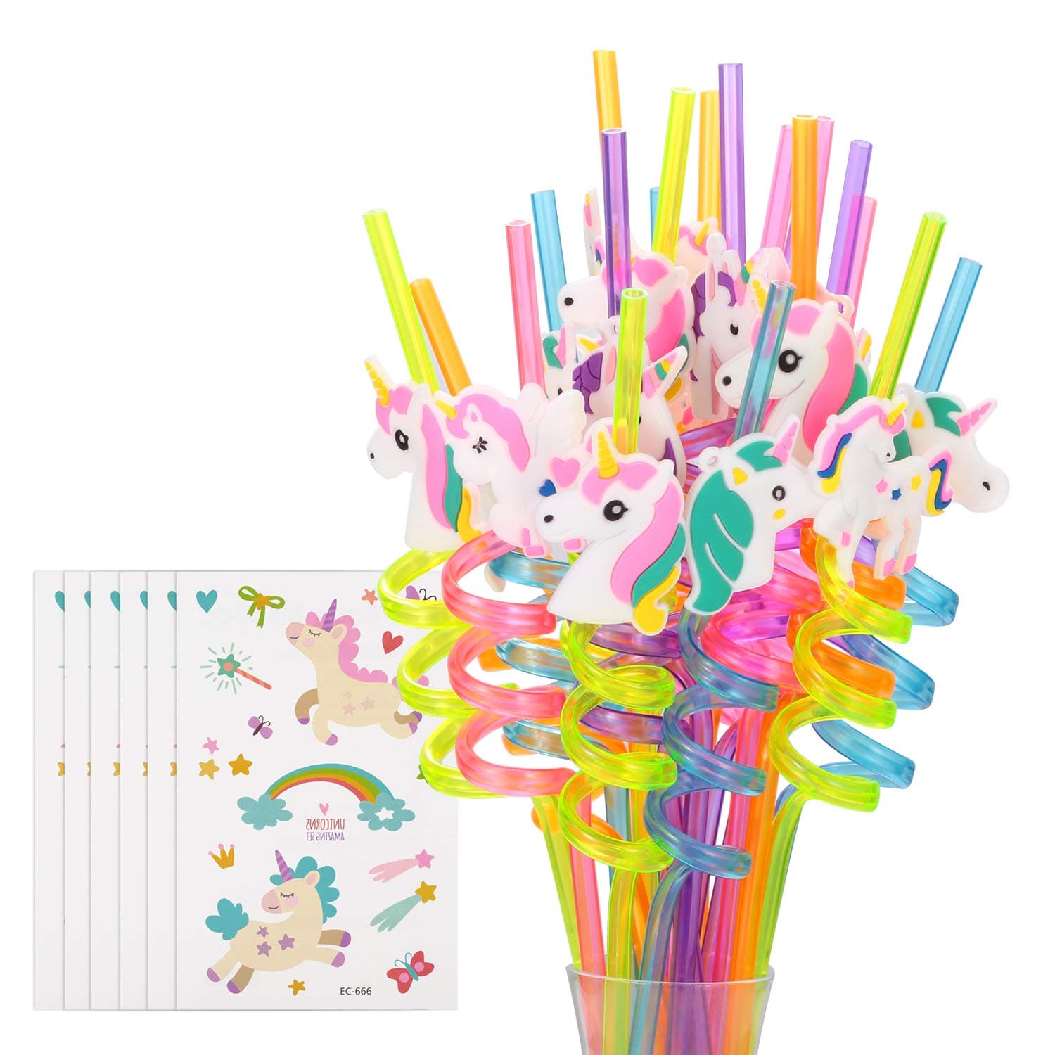 - 24 Reusable Unicorn Drinking Plastic Straws + 6 Temporary Tattoos for Girls | Birthday Party Supplies - Rainbow Unicorn Party Favors Decorations with 2 Cleaning Brush