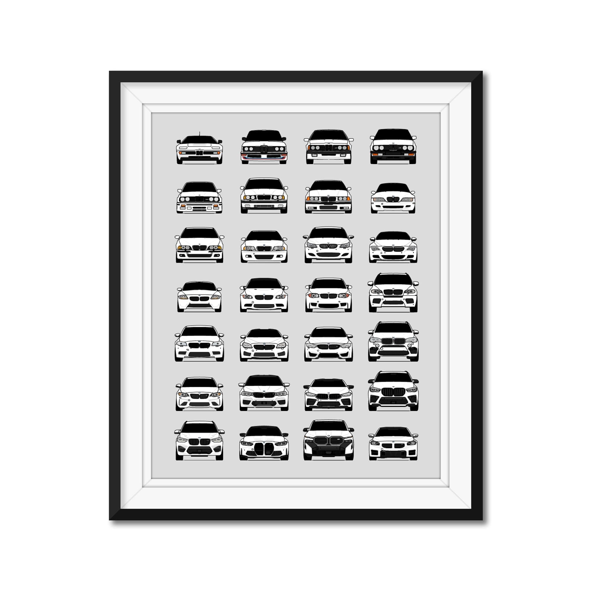 Handmade Poster compatible with BMW M Car Poster Print Wall Art Décor of all BMW M Power Cars M3, M4, M5, M2, M6, M1 and more - White, 8x10" Satin Print (Unframed)- Gift