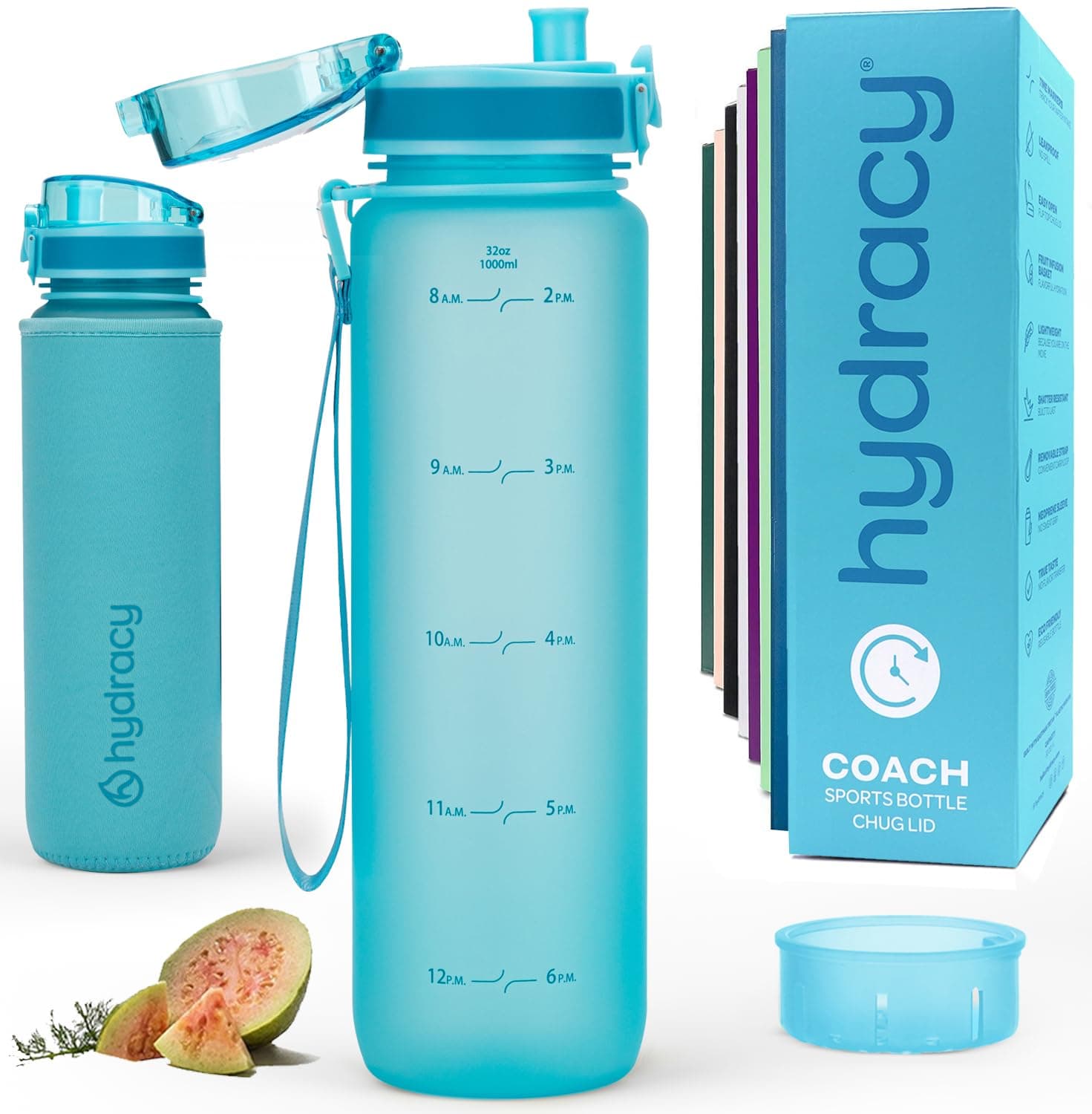Hydracy Water Bottle with Time Marker -Large BPA Free Water Bottle & No Sweat Sleeve -Leak Proof Gym Bottle with Fruit Infuser Strainer & Times to Drink -Ideal for Fitness Sports & Outdoors