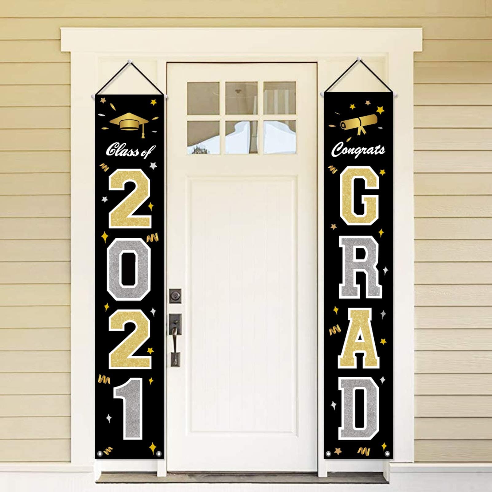 Graduation Decorations 2021 - CLASS OF 2021 CONGRATS GRAD Porch Sign Hanging Flags Banners Party Supplies - Black Silver Gold