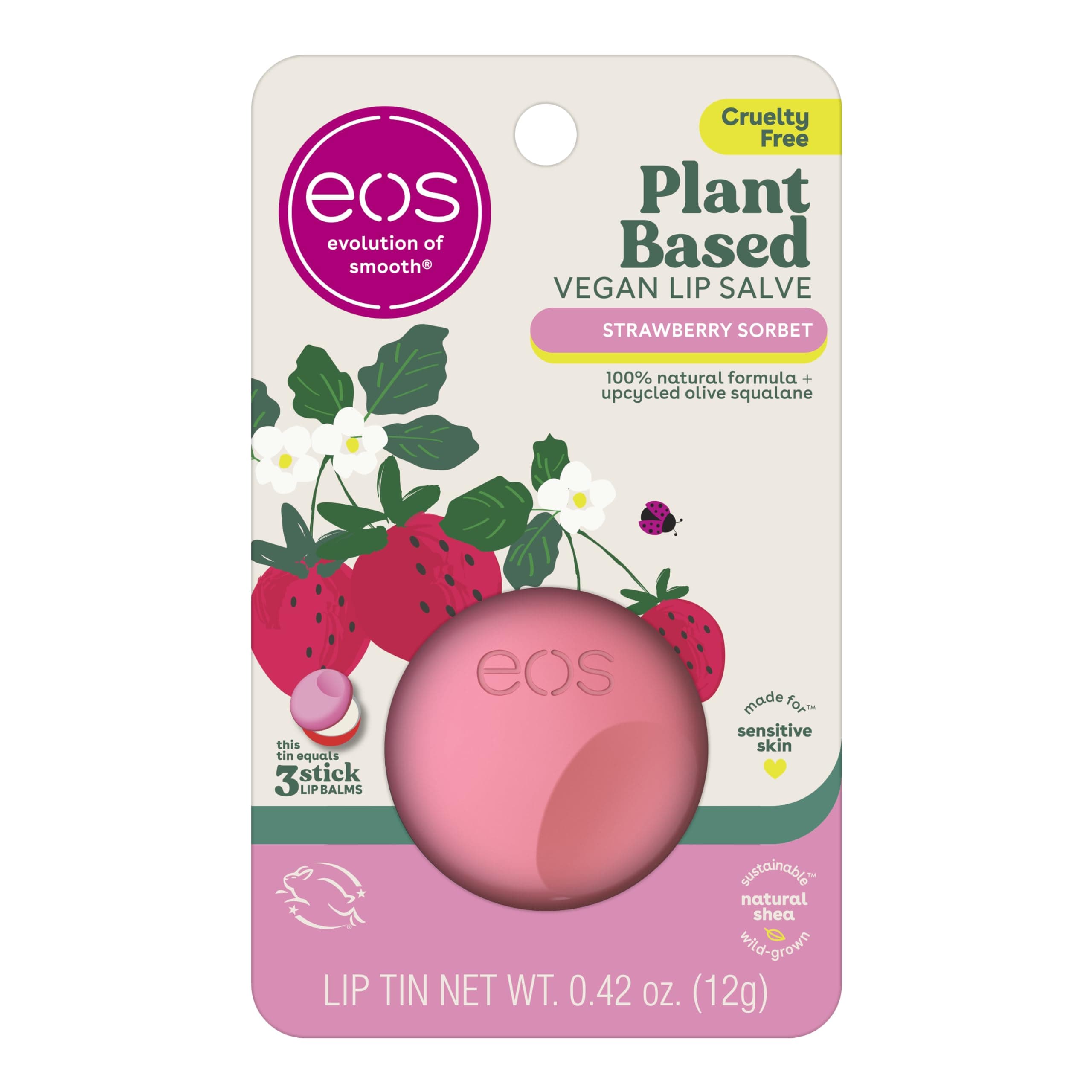 eos Plant Based Vegan Lip Salve- Strawberry Sorbet, 100% Natural Formula, Made with Upcycled Olive Squalane, Cruelty Free Lip Balm, 0.42 oz