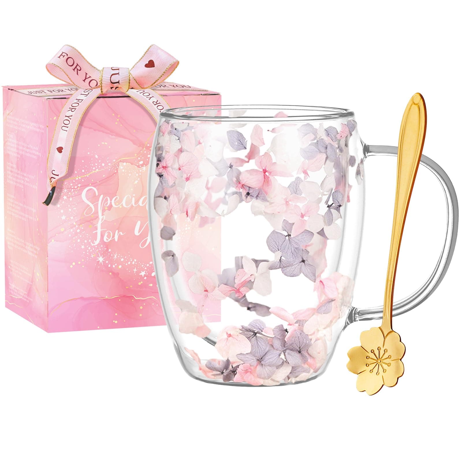 Gifts for Women Dried Flowers Double Wall Glass Coffee Mugs Cute Glass Tea Cups with Handles Christmas Birthday Gifts for Best Friend Teacher Mum Gift Ideas Autumn Mug Home Decor(Grey+Pink)