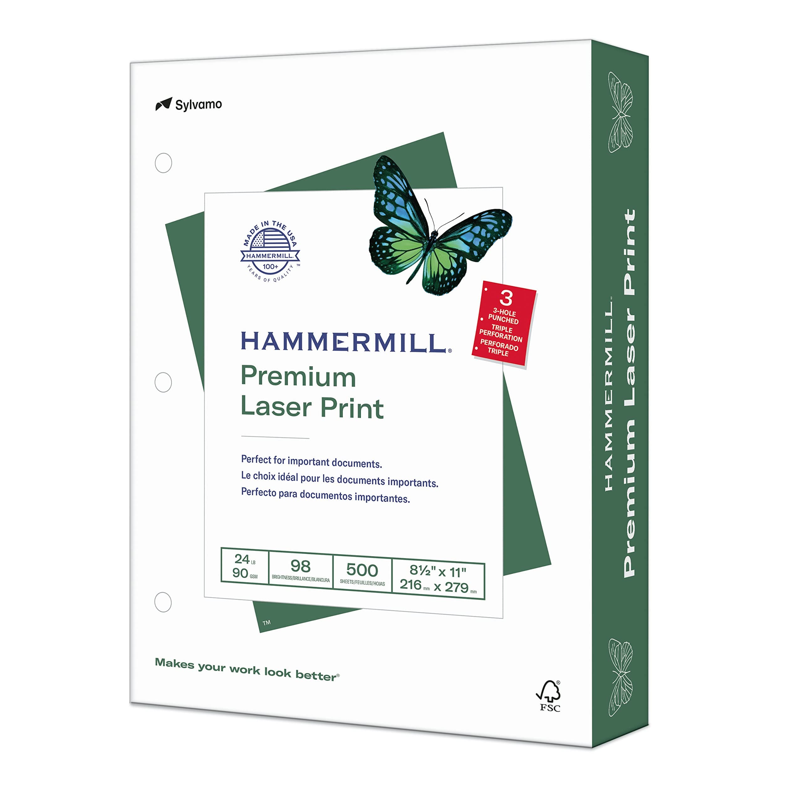 Hammermill Premium Laser Print Paper, 24 lb Copy Paper, 8.5 x 11 Letter Size, 3 Hole - 1 Ream (500 Sheets) - 98 Bright