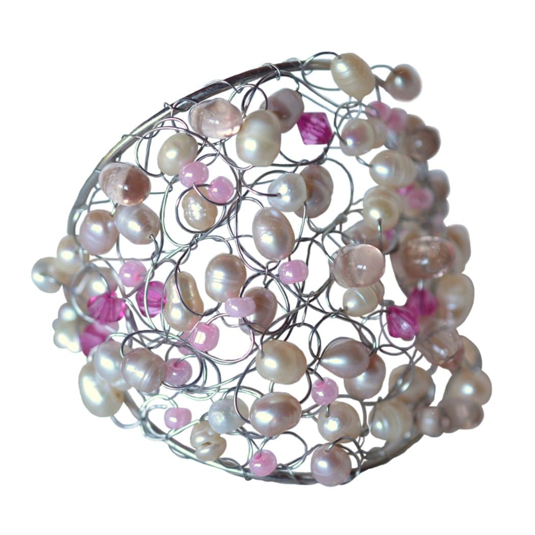 Ploy! White Pink Bracelet Cuff Handwired with Freshwater Cultured Pearl Handwired BB2