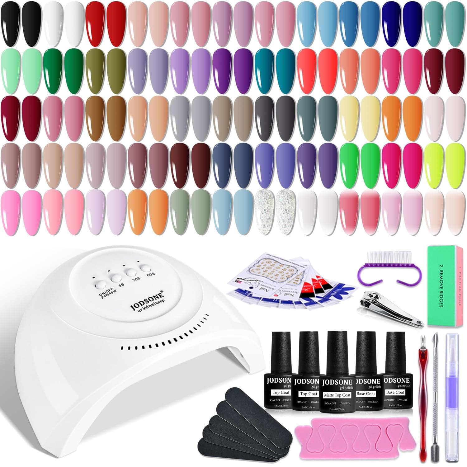 JODSONE Gel Nail Polish Kit 60 PCS with U V Light Soak off Base Top Coat 55 Shine Colors Gel Nail Kit Bright and Dark Brown Wine Red Series Manicure Set for Women and Girls