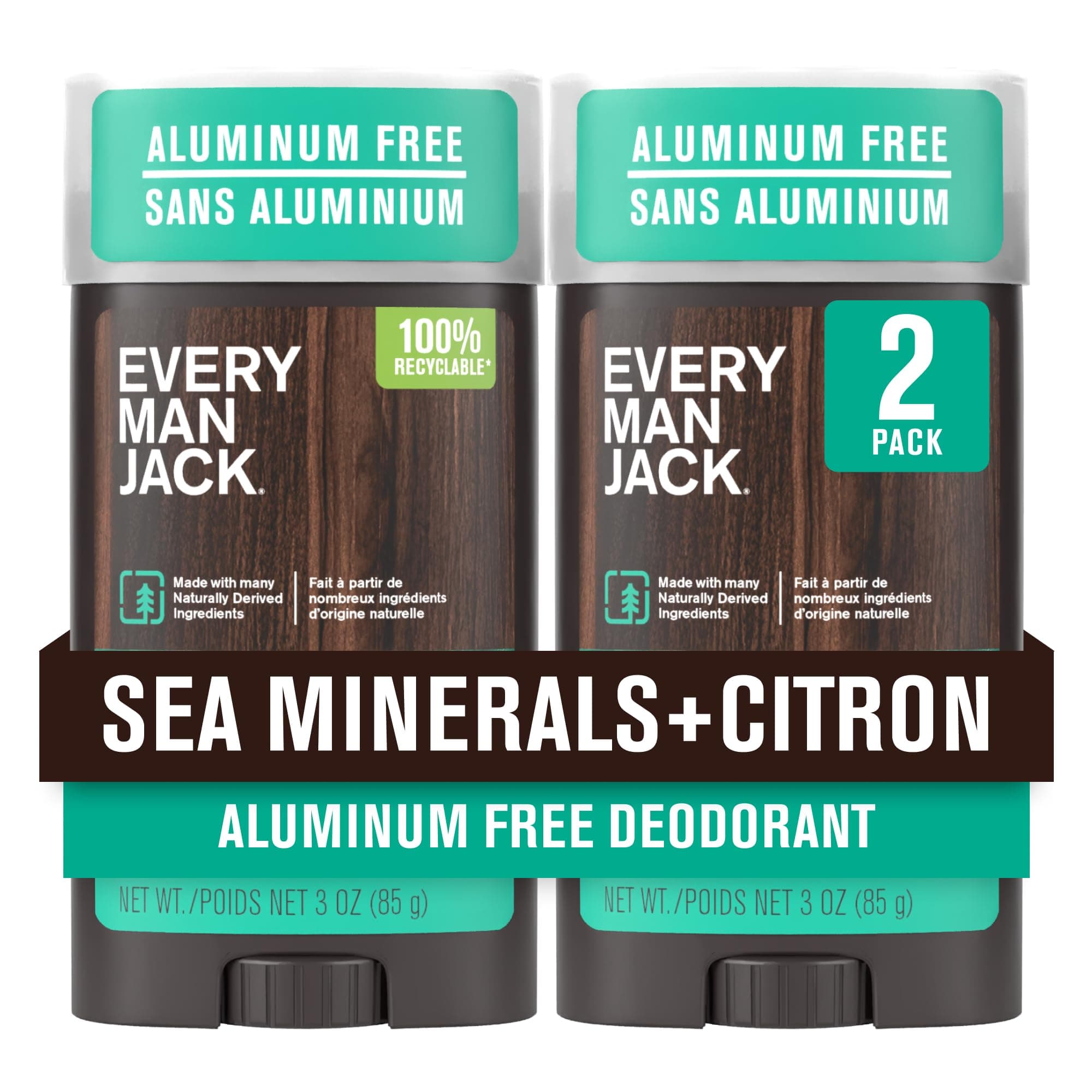 Men's Sea Minerals + Citron Deodorant - Stay Fresh Safely with Aluminium Free Men's Deodorant - Odour Crushing, Long Lasting, Plant-Based, and No Harsh Chemicals - 89ml 2 Sticks