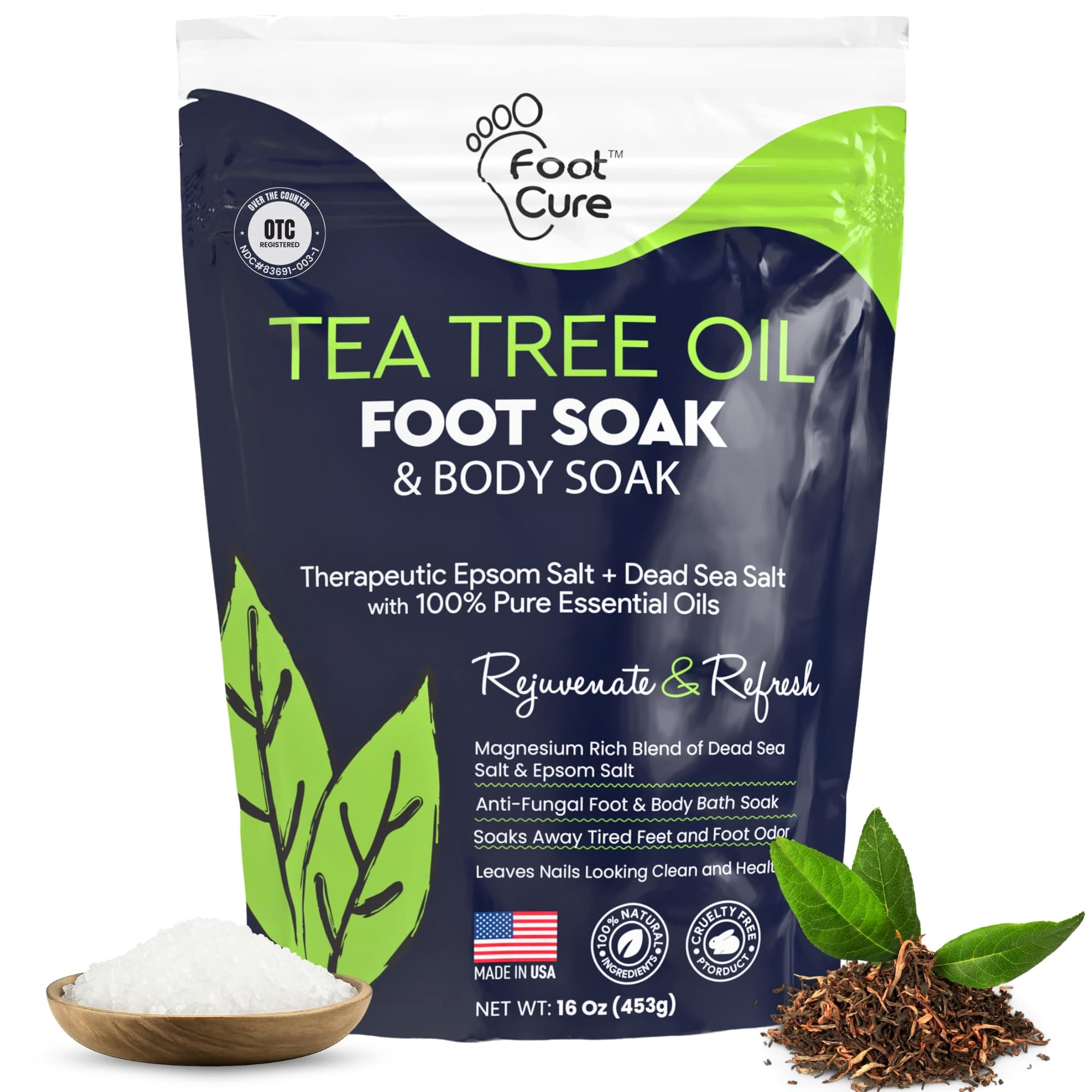 Tea Tree Oil Foot Soak with Epsom Salt - For Toenail Repair, Athletes Foot, Softens Calluses, Soothes Sore & Tired Feet, Nail Discoloration, odor Scent, Spa Pedicure Care - Made in USA 16 oz