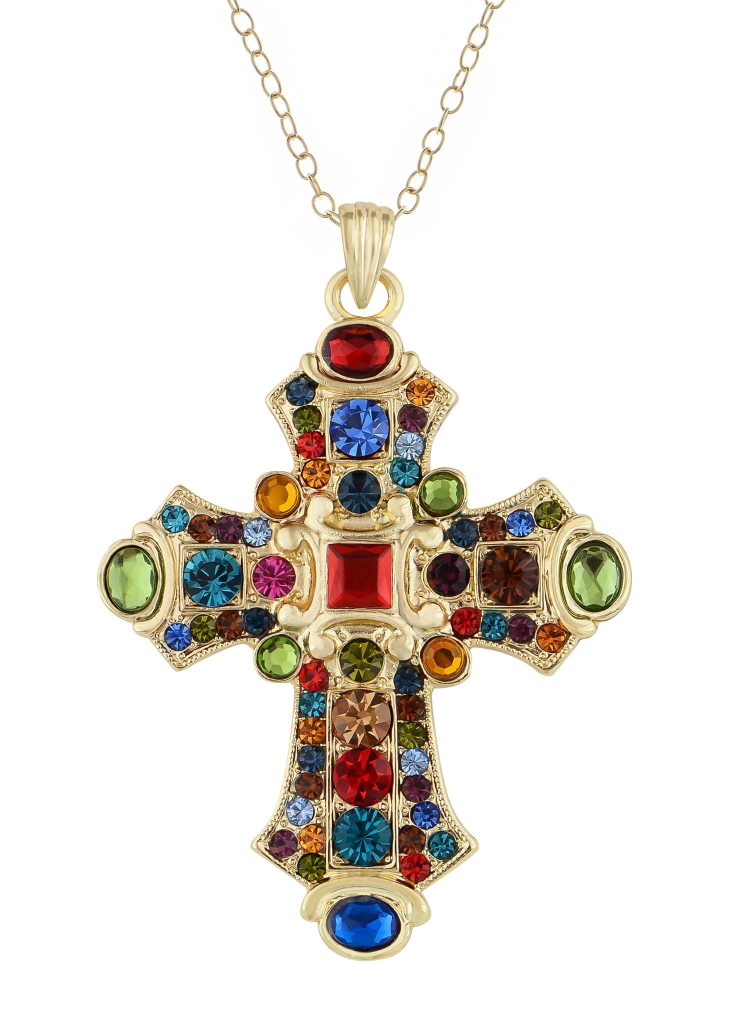 Ornate Antique Golden Tone Colorful Rhinestone Cross Pendant Necklace