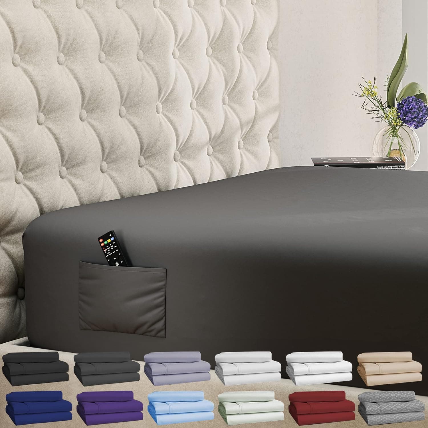 DREAMCAREFitted Sheet Queen Size - Deep Pocket Fitted Sheet - Fits up to 15 inch Mattress - Deep Pocket Queen Sheets - Hotel Luxury - Oeko-Tex Certified Sheets - 1 Fitted Sheet Only (Gray)