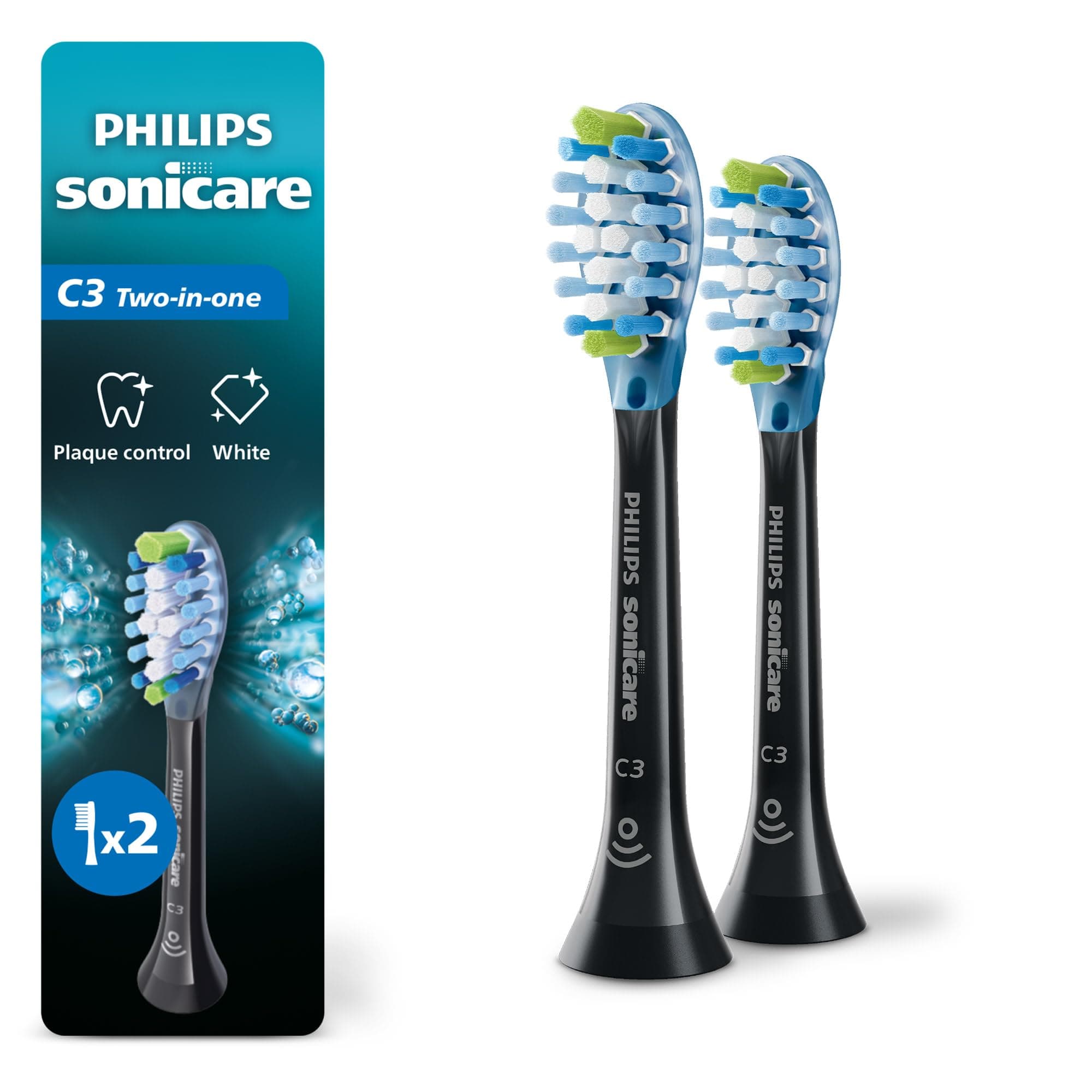 Genuine Philips Sonicare C3 Premium Plaque Control Toothbrush Head, HX9042/95#, 2-pk, Black