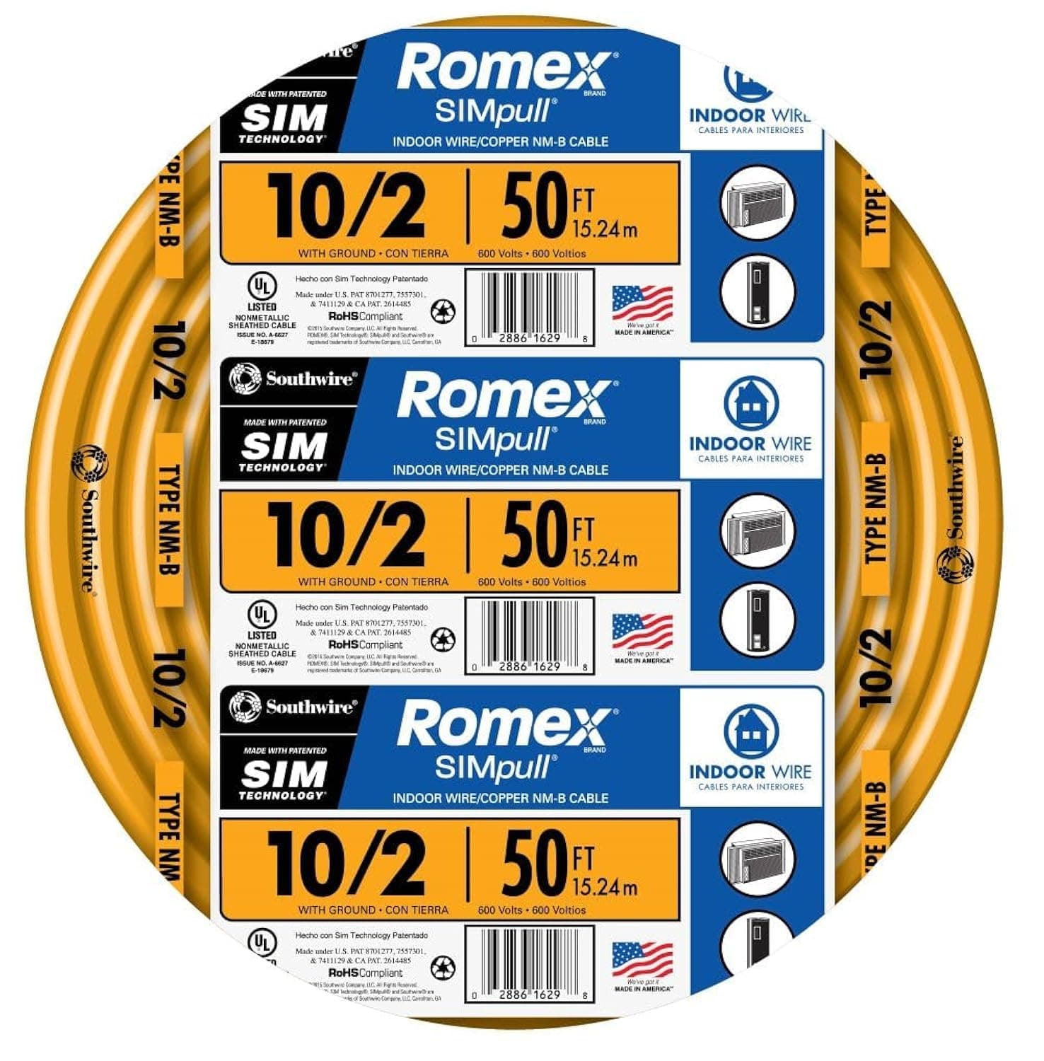 Southwire 28829022 50' 10/2 with ground Romex brand SIMpull residential indoor electrical wire type NM-B, Orange