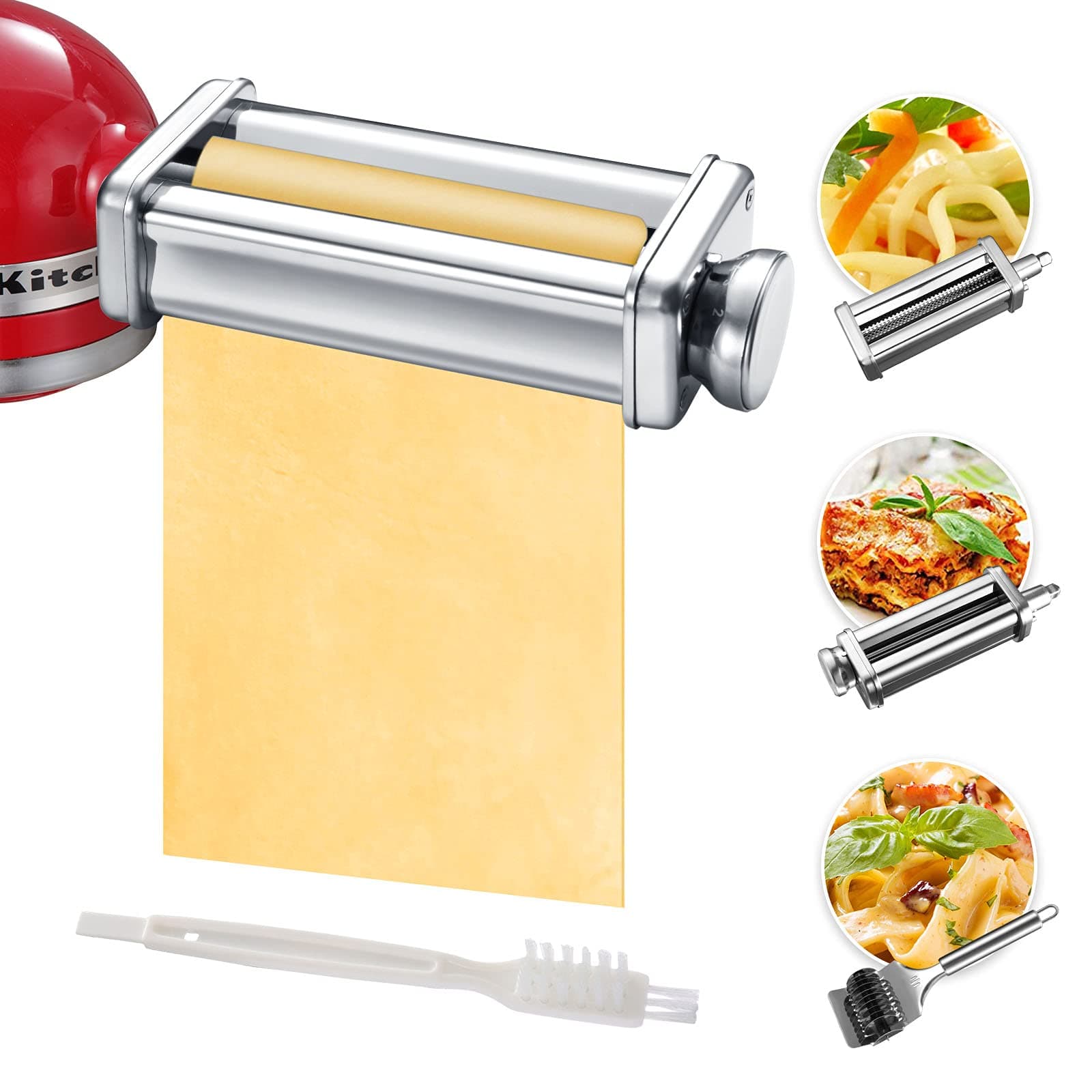 Gdrtwwh Pasta Maker Attachment Set, Pasta Machine for KitchenAid Stand Mixers Included Noodle Lattice Roller, Spaghetti Cutter, Pasta Roller and Cleaning Brush