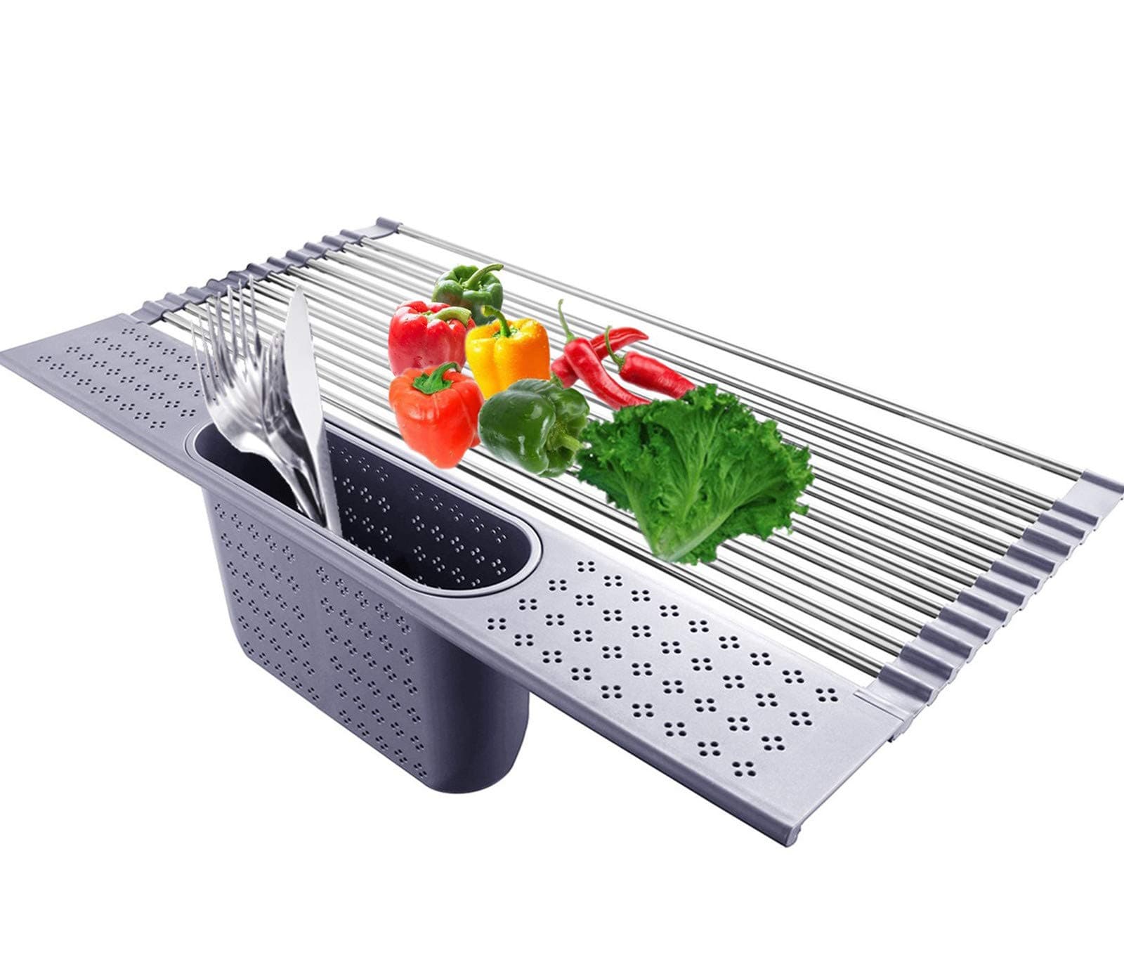 Stainless Steel Roll up Drying Dish Rack with Utensil Holder, Sink Dish Drainer for Kitchen Counter RV Campers Portable Dinnerware Organizer - 17.5'' x 10.9"