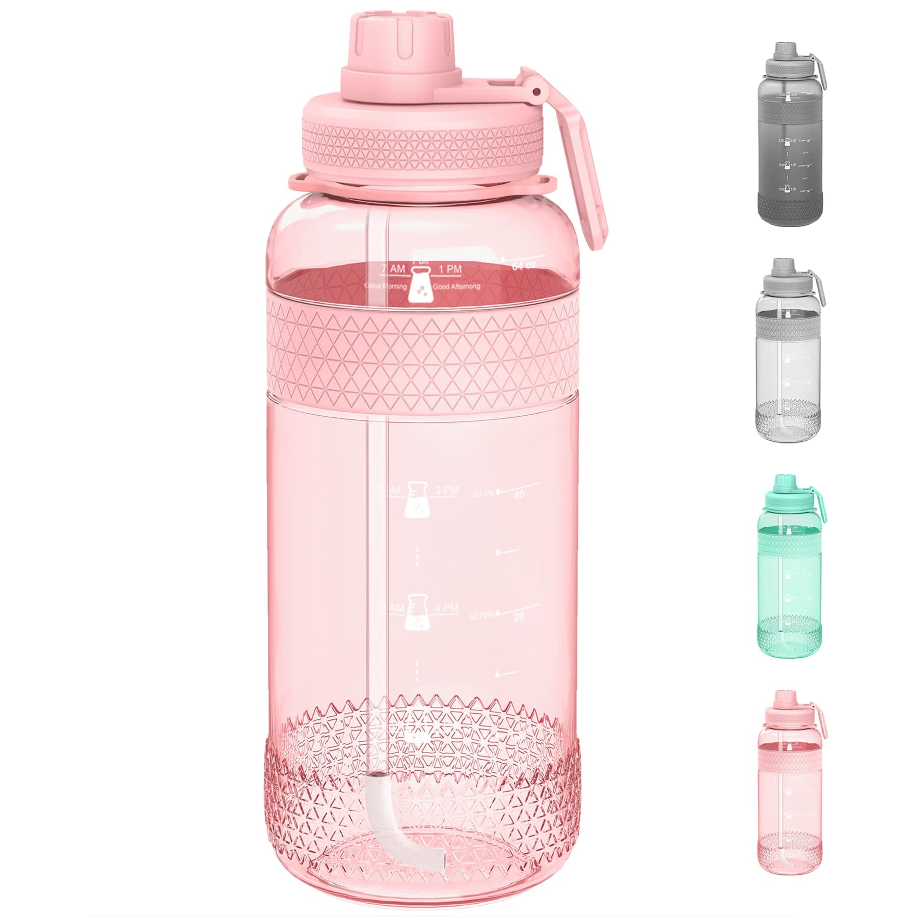 Water Bottle with Straw, Half Gallon 64 OZ/Large Water Bottles with Time Marker, LeakProof Tritan BPA Free Reusable 2L Jugs with Handle and Shaker ball for Camping Fitness Gym Outdoor Sports