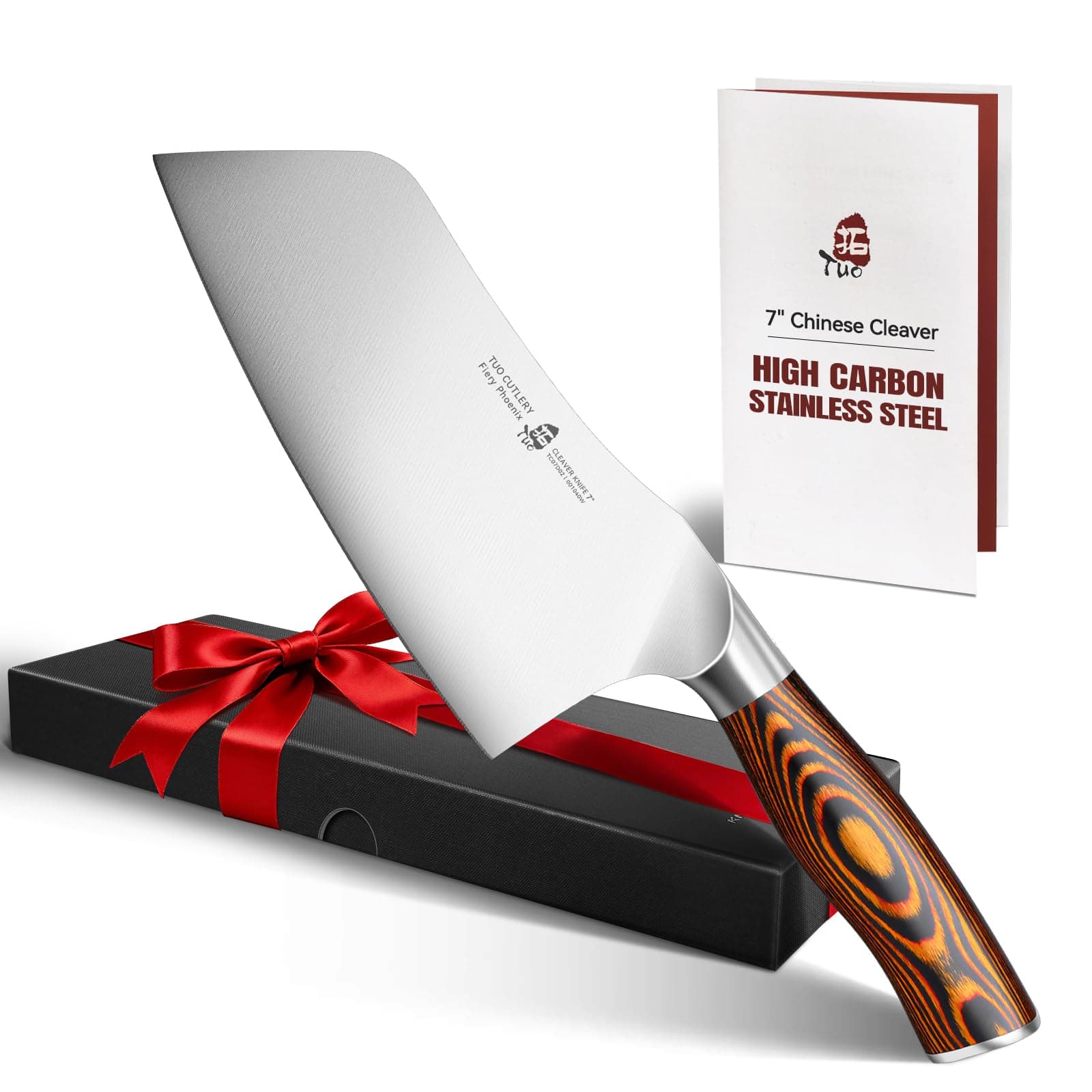 TUO 野菜切り包丁 - 中国シェフナイフ - ステンレススチール 野菜肉切り包丁 - パッカーウッドハンドル - ギフトボックス付属 - 7インチ - ファイアリーフェニックスシリーズ