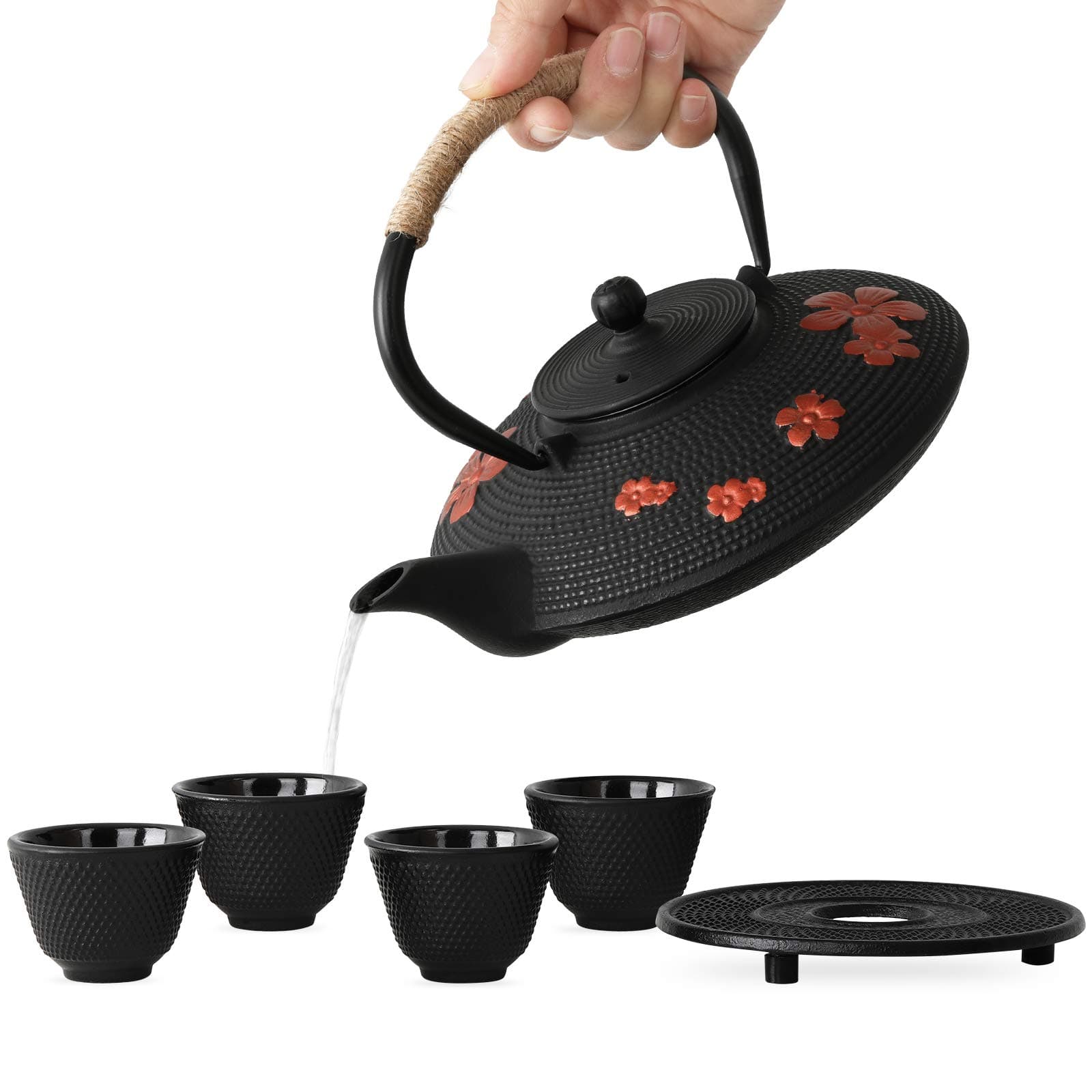 Japanese Style Cast Iron Teapot with 4 Tea Cups Trivet Tetsubin StovetopTea Kettle with Infuser Chinese Iron Tea Pot Tea Set for Adults Black (Pear Flower Pattern)