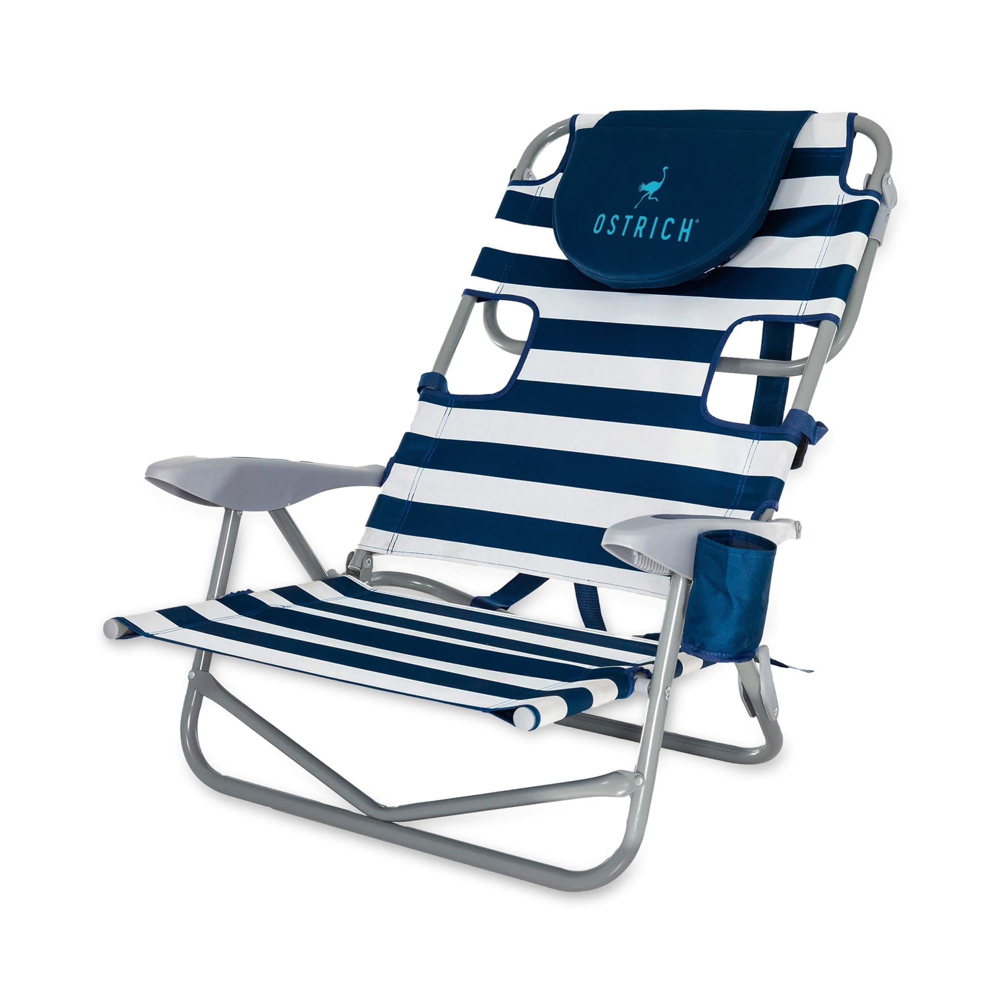 Ostrich The Heavy-Duty Backpacker, Portable Beach Chair w/Face Hole, Adjustable Lounge Chair w/Face Opening, Cup Holder, & 325lb Capacity, Blue Stripe