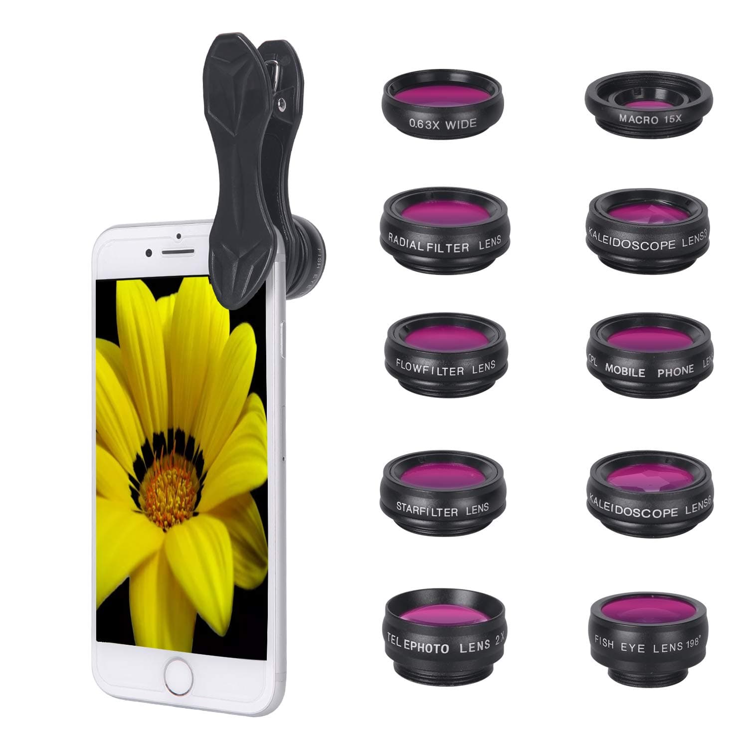 SAPE Phone Camera lens, 10 in 1 Clip-On Cell Phone Lens Kit with 0.63X Wide Angle lens 15X Macro Lens 198°Fisheye Lens 2XTelephoto Lens Kaleidoscope CPL Filter Lens for iPhone and Andriod Smartphone