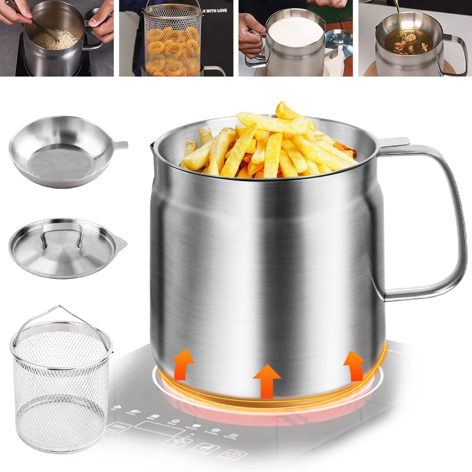 1.5L Stainless Steel Oil Filter Pot, Bacon Grease Container with Fine Mesh Strainer & Deep Fryer Basket, Cooking Oil Lard Fat Saver Kitchen Storage, Induction Mini Milk Pot for Tea Coffee