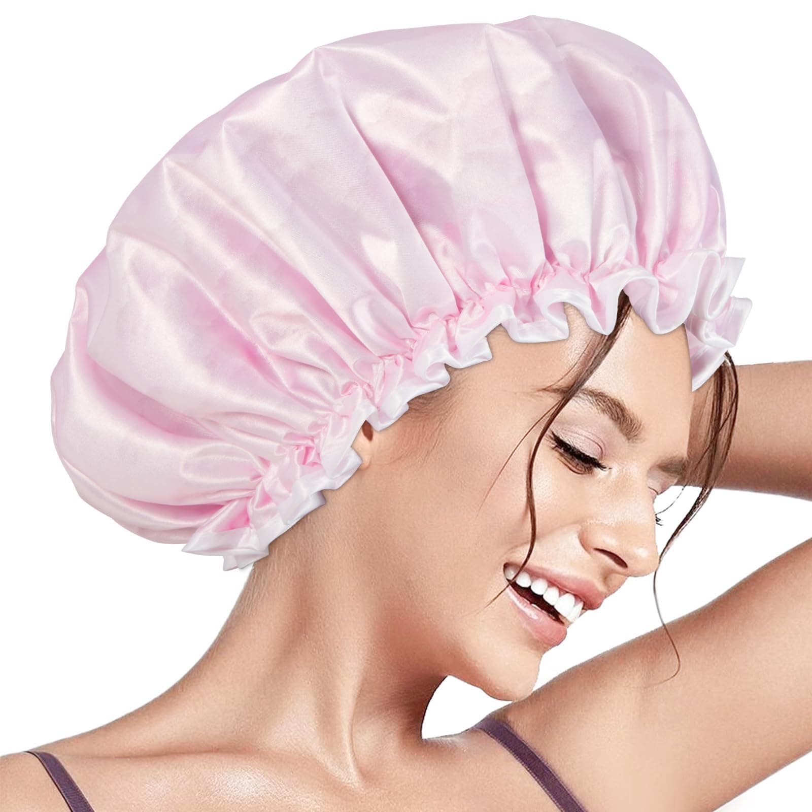 Shower Cap Reusable Shower Cap for Women Double Layer Waterproof Large Size for All Hair Lengths for Girls Spa Home Salon (Pink Cloud)
