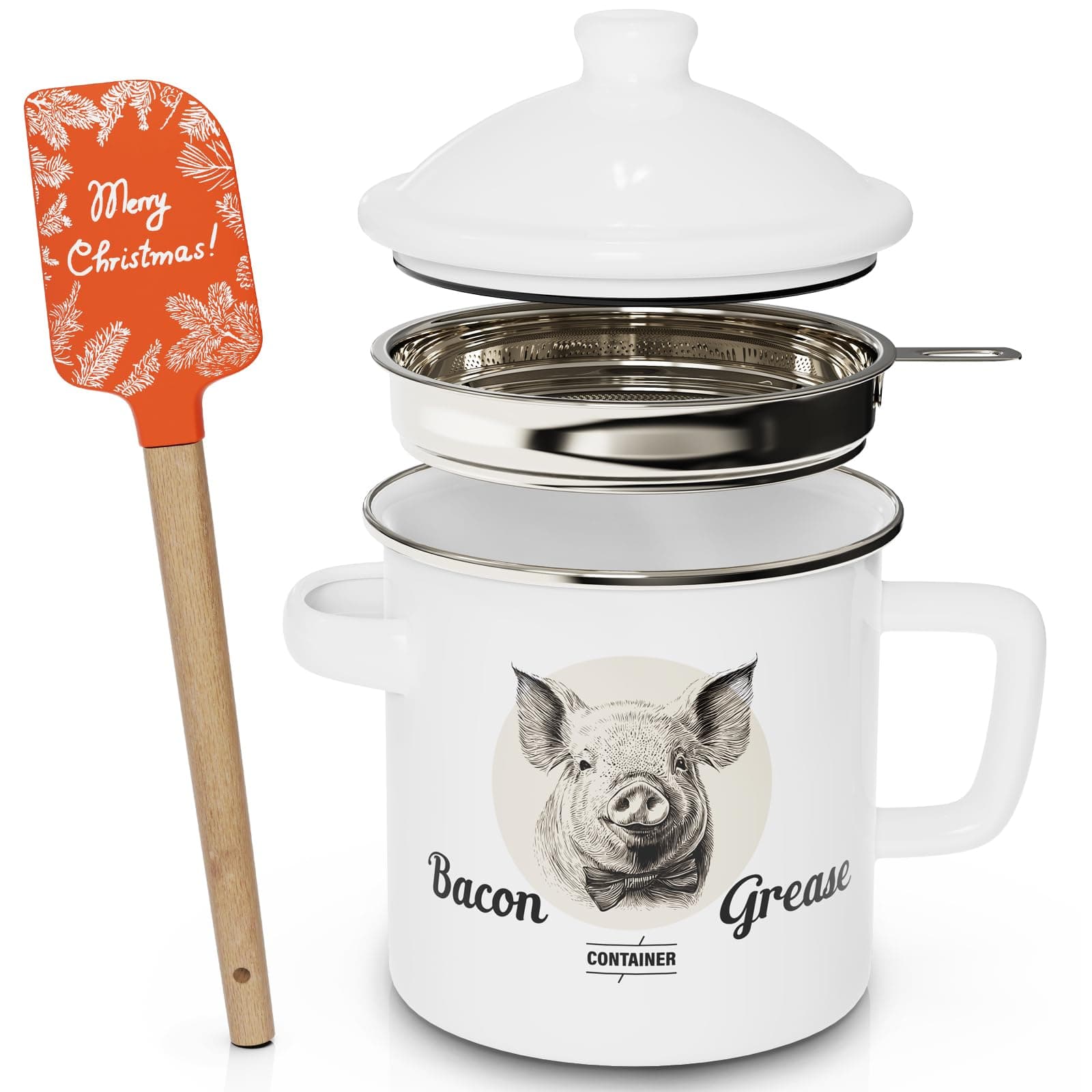 PGYARD Bacon Grease Container With Strainer, 46OZ Large Enamel Grease Container, With Silicone Spatula, Farmhouse Bacon Grease Keeper-White