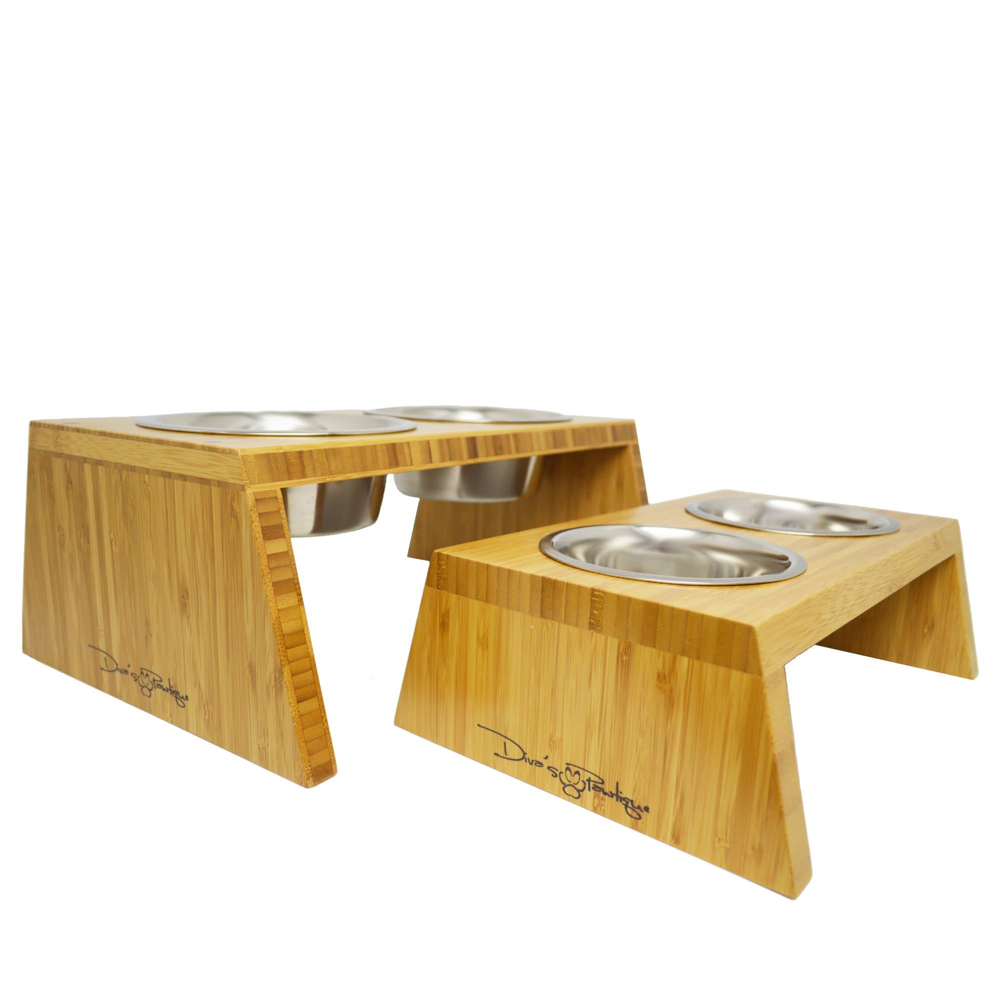 Divas Pawtique Raised Dog and Cat Bowls with Bamboo Wood Feeder, Made in USA, Elevated Bowls in Small or Medium Size, Stainless Steel Dishes for Pet Food and Water