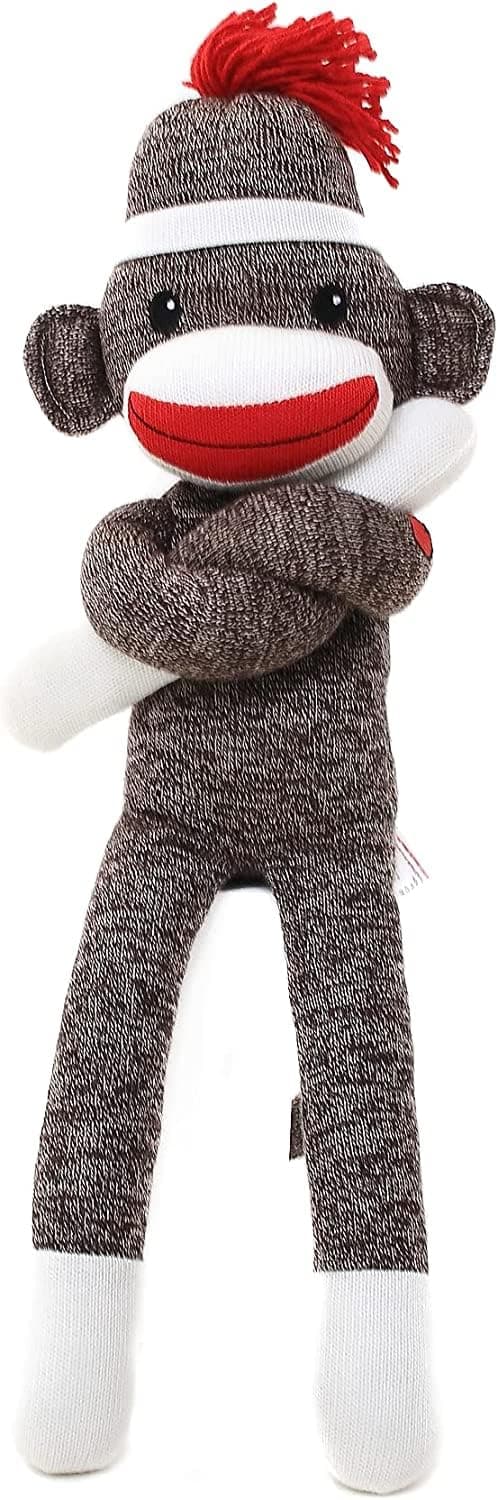Adorable Sock Monkey, The Original Traditional Hand Knitted Stuffed Animal Toy Gift-for Kids, Babies, Teens, Girls and Boys Baby Doll Present Puppet (20" Brown)
