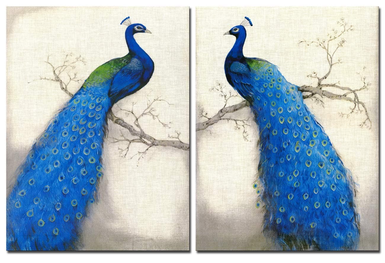 CUFUN Art - Blue Peacock Standing on a Branch Wooden Framed Picture Prints on Canvas Home Decor 12x16inx2pcs