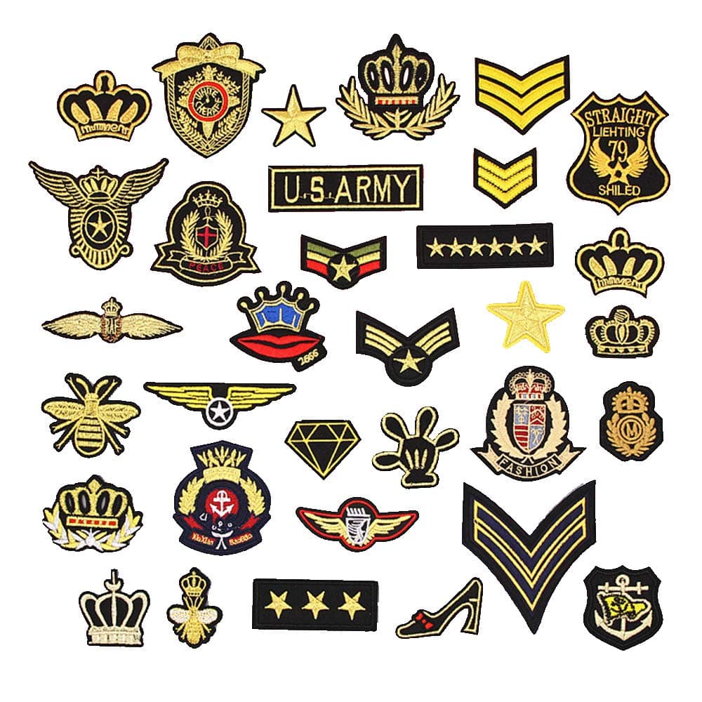 Hary 33Pcs Tactical Embroidered Patches Gold Color Morale Iron on Patches Military Sew on Patch for Decorating Repairing Jackets Shoes Bags Vests Backpacks Jeans Sleeve Caps Clothes Funny Badge Set