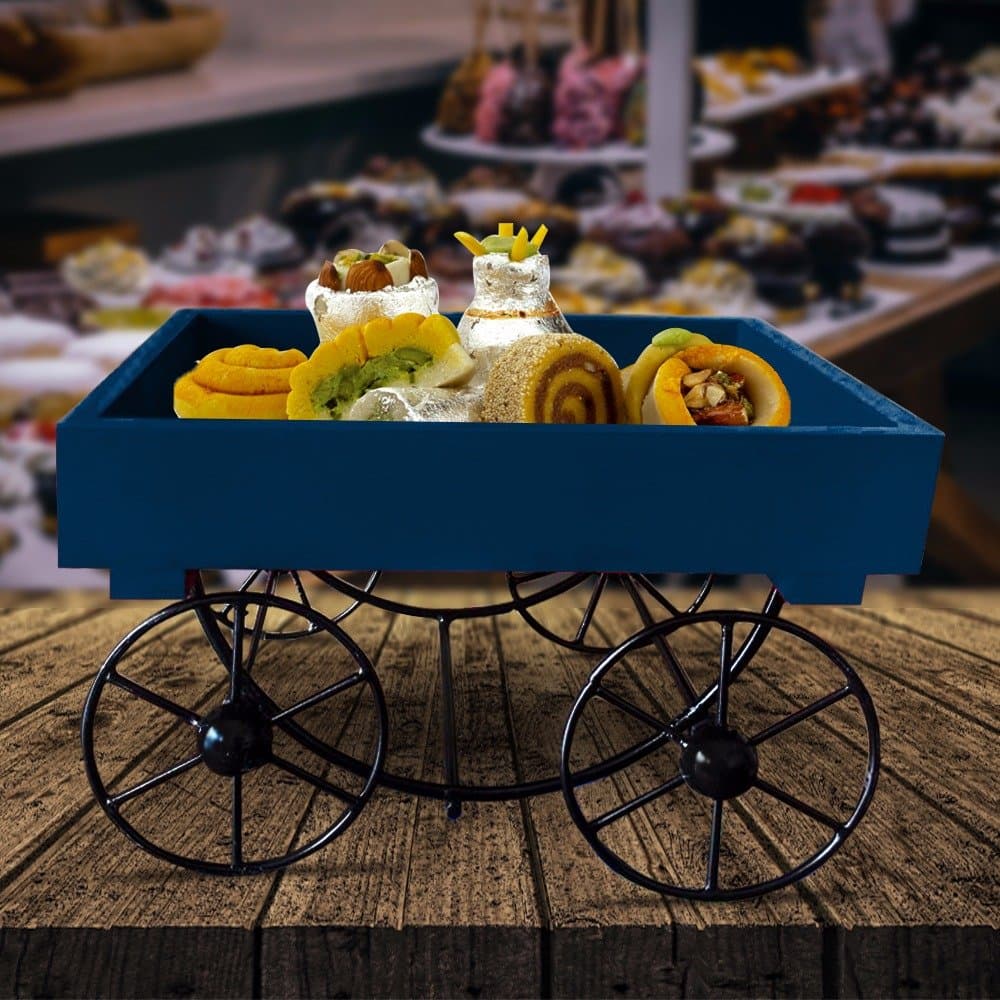 Furnishing Factory Namaste Thela Trolly | Snacks Serving Wooden Platter ( BLUE )