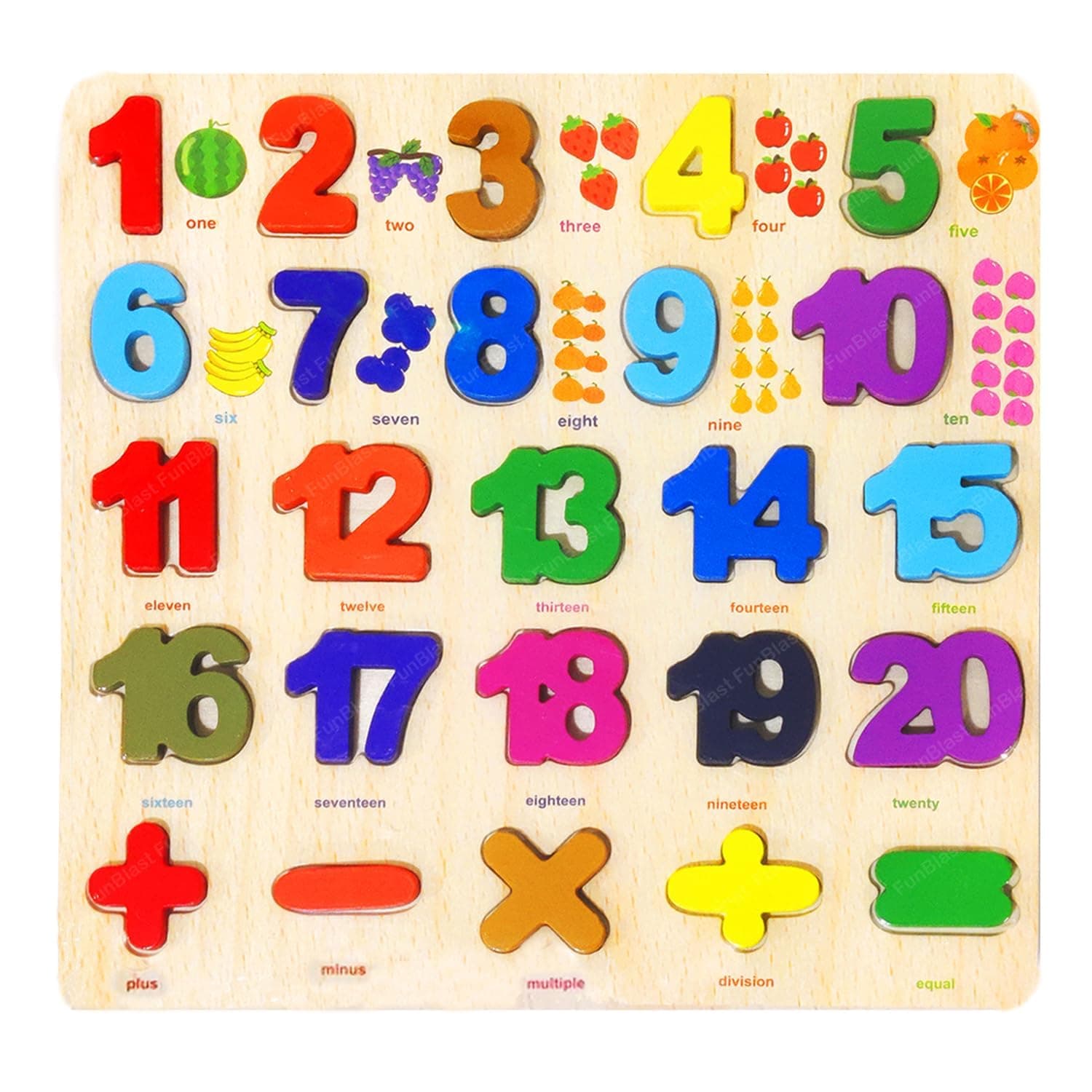 FunBlast Wooden Number Puzzles Toys for Kids, Number Board Educational Learning Letters Puzzle Toy - 25 Pcs (Multicolor)